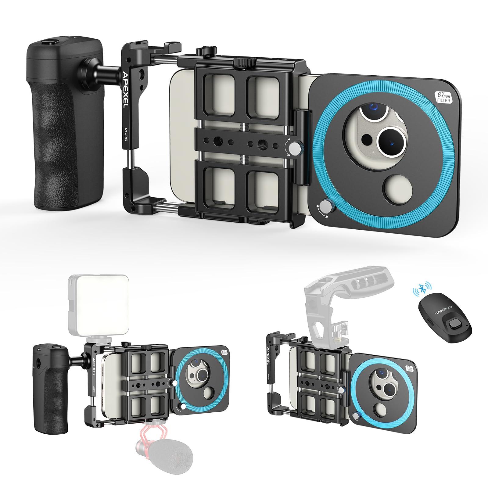 APEXEL Universal Phone Rig Video Kit. Aluminum Handheld Smartphone Vlogging Cage with Rechargeable Handle Wireless Bluetooth Shutter, Phone Stabilizer for Videomaker Compatible with iPhone/Android. by APEXEL — Shop at Bazar