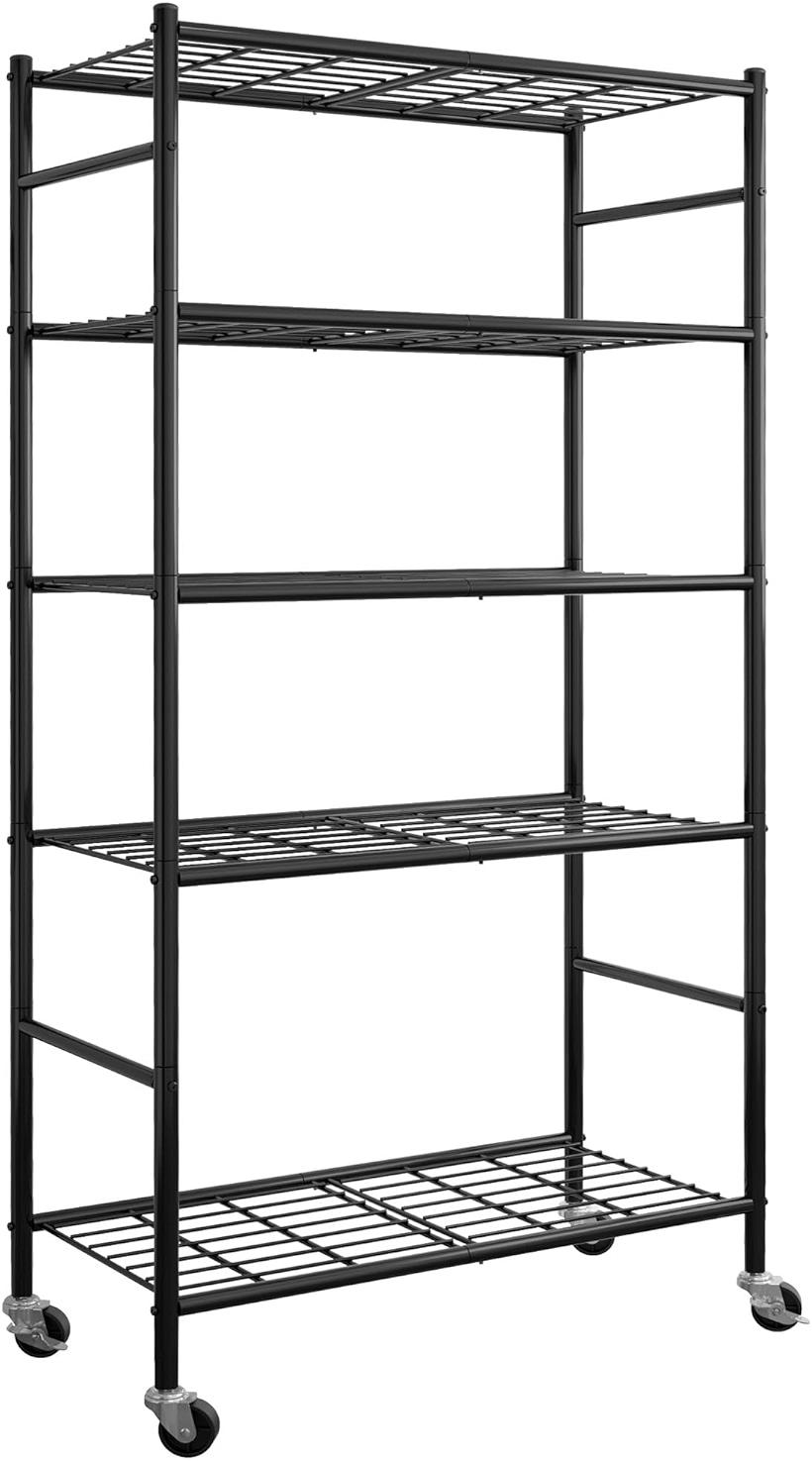 Sakugi Storage Shelves Organizer - 5 Tier Metal Shelf Organizer with Metal Wheels and Adjustable Leveling Feet, Heavy Duty Garage Shelving for Kitchen, Pantry and Closet, 33.1"x12.6"x73.5", Black by Sakugi - Shop at Bazar