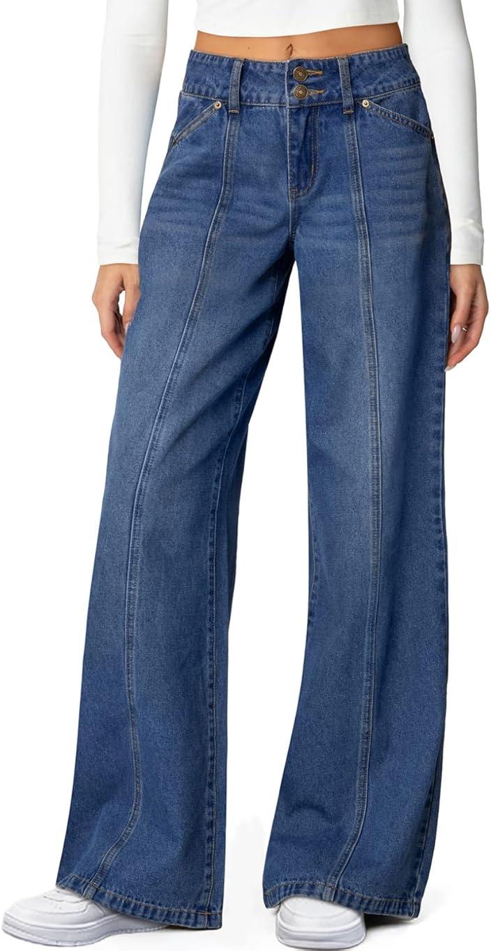Sidefeel Women's Wide Leg Jeans High Waisted Stretchy Straight Leg Jeans Trendy Seamed Front Loose Denim Pants by Sidefeel — Shop at Bazar