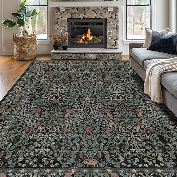 shinefly 8x10 Washable Area Rugs for Living Room, Stain Resistant Vintage Rugs for Dining Room Under Kitchen Table, Bedroom, Floral Low Pile Non-Slip Large Carpet (8 x 10 Dark Green) by shinefly — Shop at Bazar