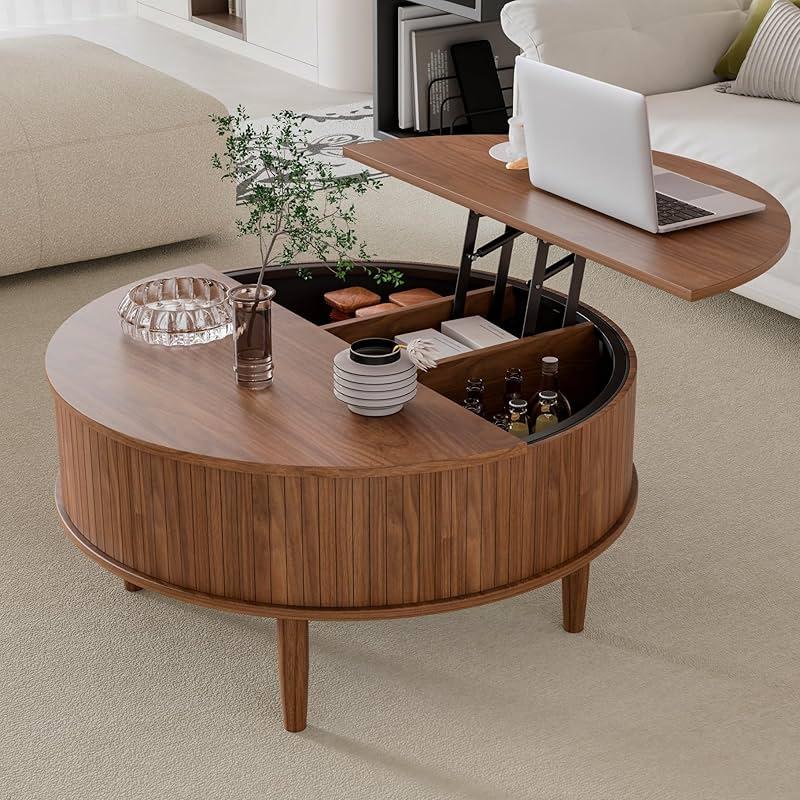 Round Fluted Lift Top Coffee Table with Storage, Mid Century Modern Coffee Table for Living Room, Home Small Space,31.5" Fluted Center Table (Walnut, 31.5inch) by Boweniog — Shop at Bazar