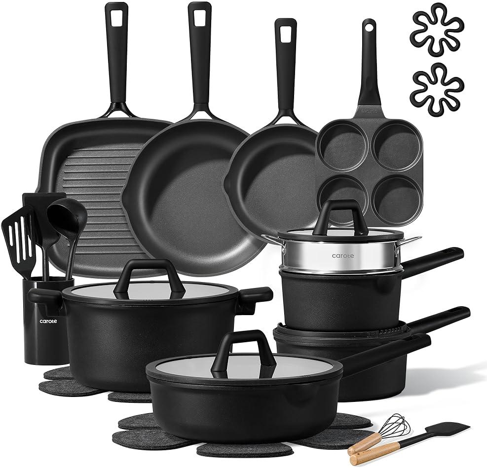 CAROTE 28PCS Pots and Pans Set, Nonstick Cookware Set Kitchen Non Stick Induction Titanium Cookware Non-toxic Granite Cooking set, PFOA Free, Black by CAROTE — Shop at Bazar