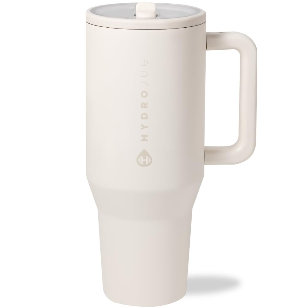 HydroJug Traveler 40 oz Water Bottle with Handle & Flip Straw | Fits in Cup Holder | Leak Resistant Tumbler | Reusable Insulated Stainless Steel | Rubber Base | Gifts for Women & Men | Cream