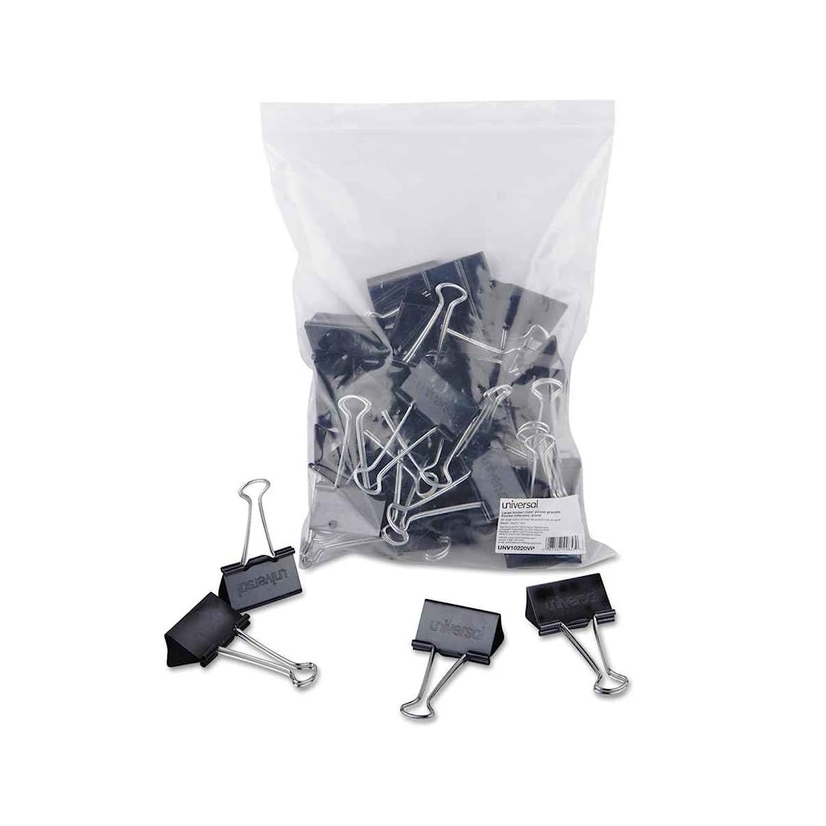 Universal 10220VP Large Binder Clips, Zip-Seal Bag, 1-Inch Capacity, 2-Inch Wide, Black, 36/Bag