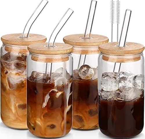 DWTS DANWEITESI 4pcs Glass Cups with Lids and Straws, 16oz | Drinking Glasses Set | for Coffee Bar Accessories | Iced Coffee Cups | Glass Tumbler | Reusable | for Gifts
