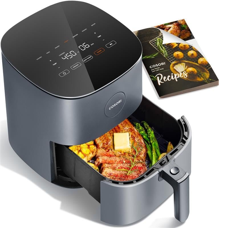 COSORI Air Fryer Pro 9-in-1, Compact 5QT, 450℉: Half Time & Chef-Grade Cook, One-Wipe Clean Glass Panel, 130+ In-App Recipes with Nutritional Info, Nonstick & Dishwasher-Safe Basket, Ceramic, Gray