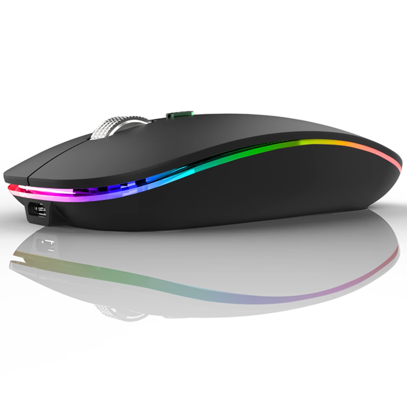 TENMOS Wireless Bluetooth Mouse, LED Slim (Bluetooth 5.1/5.0 + USB) 2.4GHz Rechargeable Silent Bluetooth Wireless Mouse with Type C Adapter for Laptop/MacBook/iPad OS 13 and Above (Matte Black)