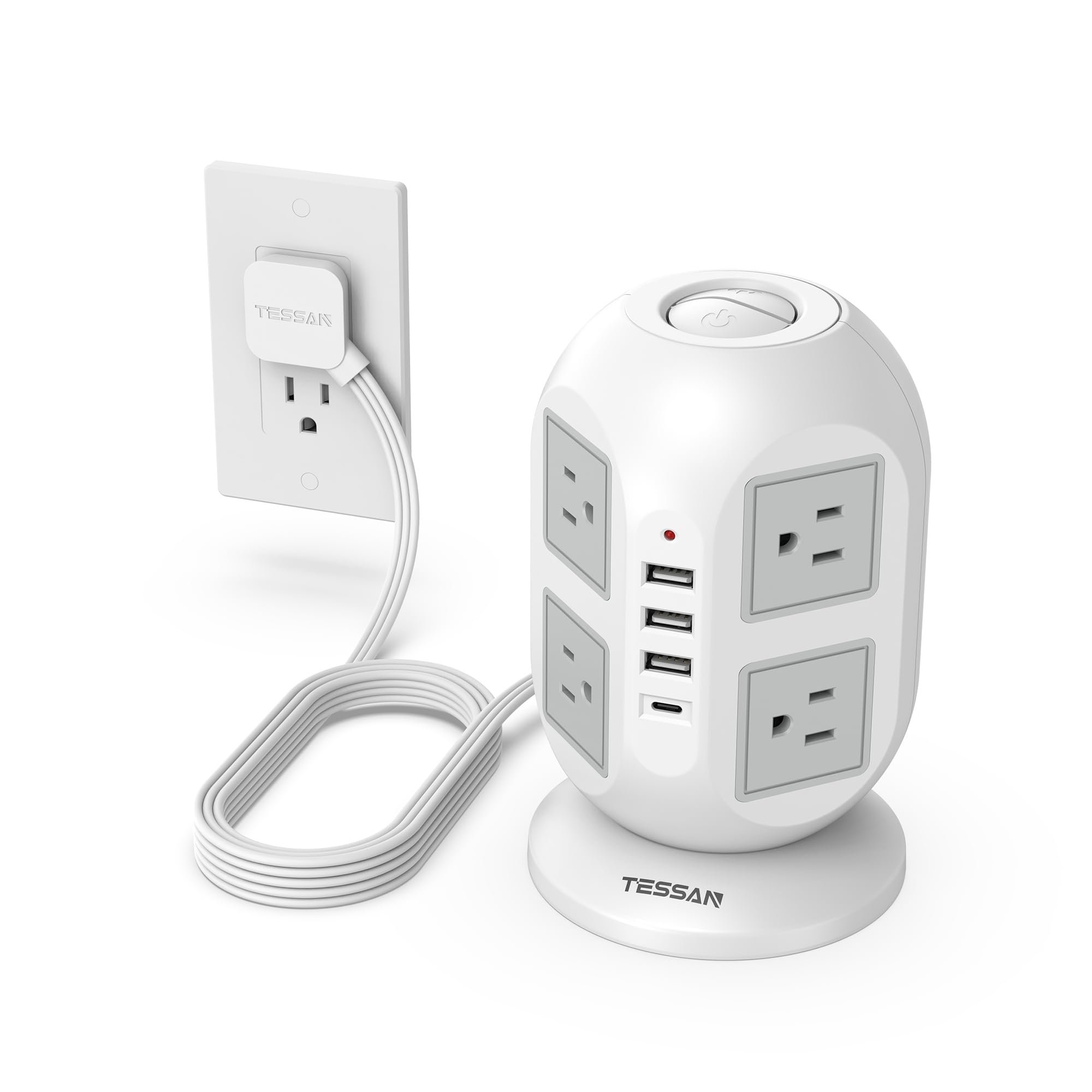 Tower Surge Protector Power Strip 10 ft, TESSAN Long Flat Extension Cord with Multiple Outlets, 8 AC Outlets with 4 USB Ports (1 USB C), Charging Station with Surge Protection, for Home Office Dorm