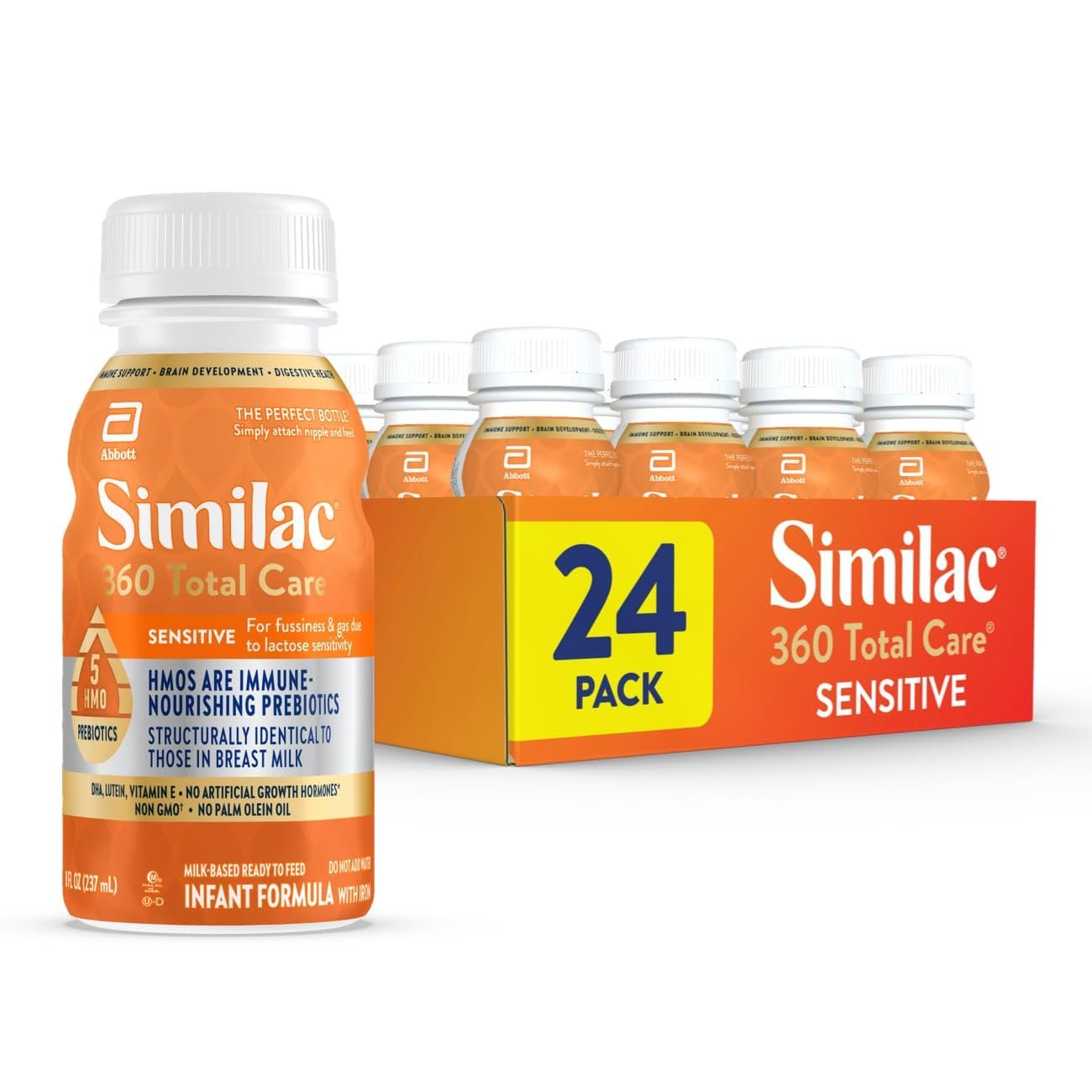 Similac 360 Total Care Sensitive Infant Formula for Fussiness & Gas Due to Lactose Sensitivity, Has 5 HMO Prebiotics, Baby Formula, Ready to Feed, 8-fl-oz Bottle, Pack of 24