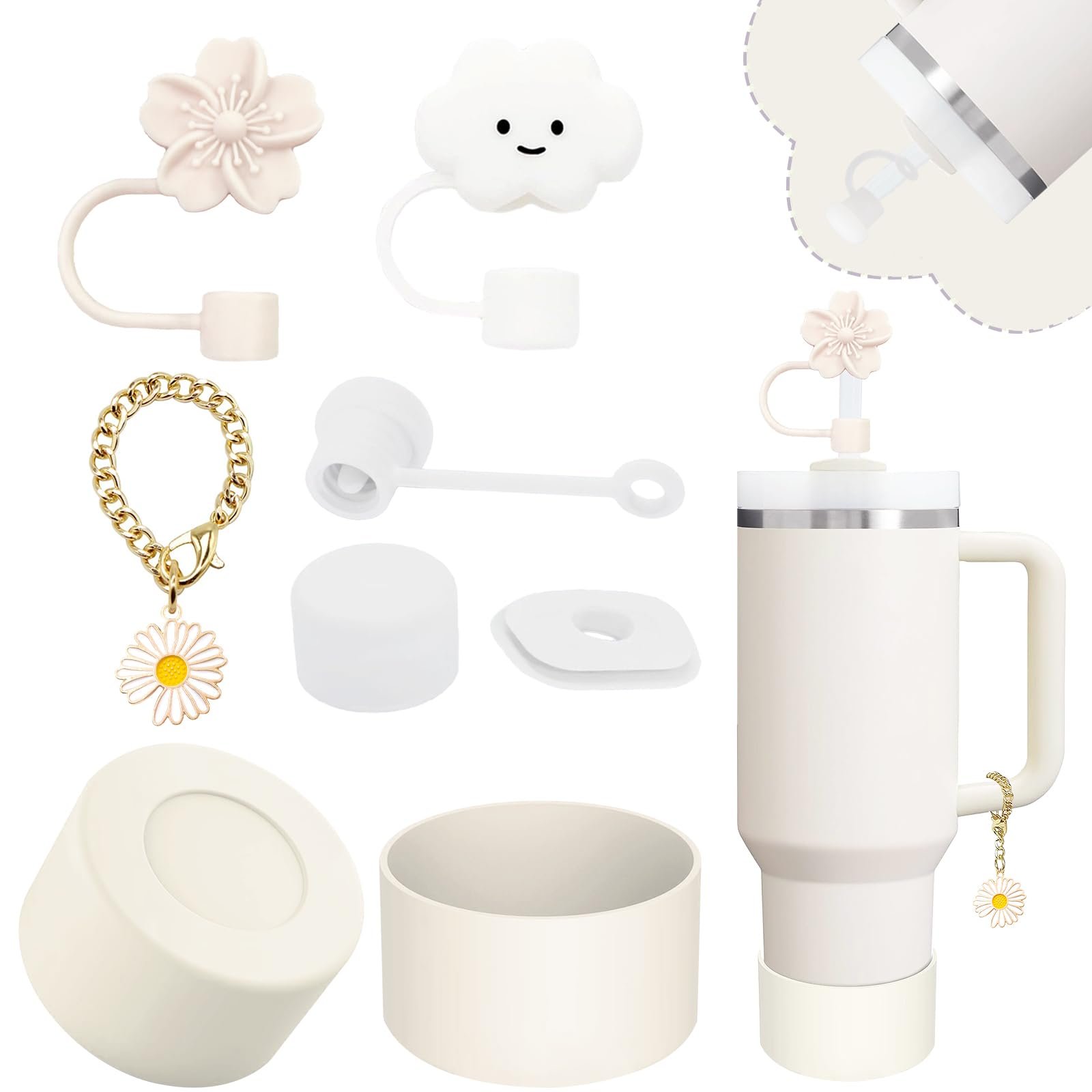 Stanley Cup Accessories Set,Including 2 Pcs 0.4in Straw Cover, 1 Silicone Spill-Proof Stopper Set of 3, 1 Cute Flower Handle Charm, 1 Silicone Boot Fits Stanley 40&30 Oz Tumbler (Cream)