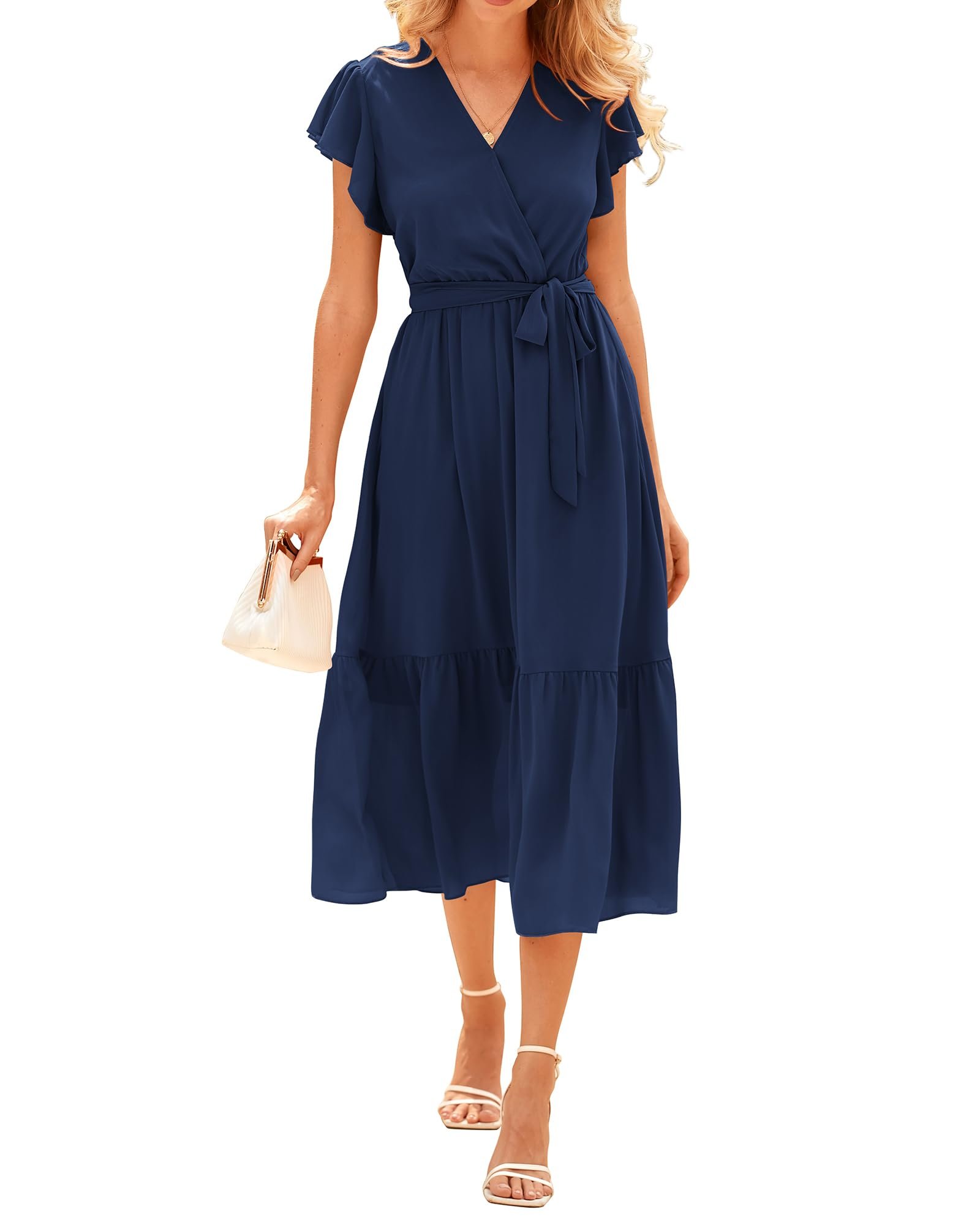 BTFBM Women Summer Bohemian Floral Casual Wrap V Neck Ruffle Cap Sleeveless Belt A-Line Pleated Hem Midi Sun Dress White
