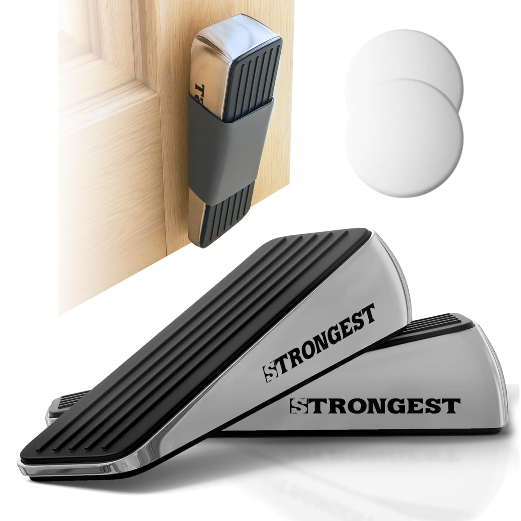 Strongest Home Heavy Duty Door Stopper Wedge (2 Chrome PCs) | Non-Slip Rubber and Metal Door Stop for Heavy Doors| Work on Wood, Tile, Carpet + 2 White Wall Protectors
