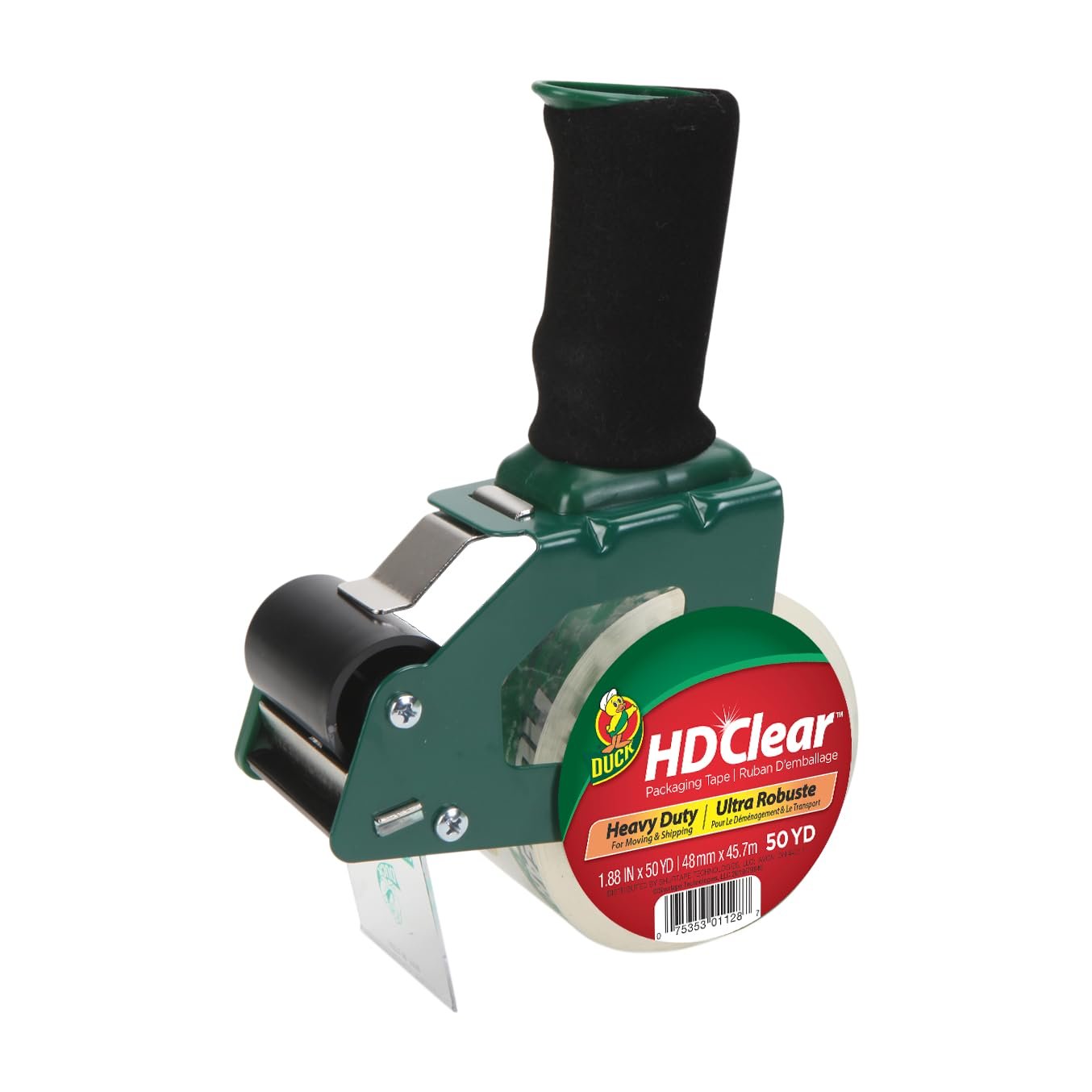 Duck HD Clear Packing Tape Dispenser Heavy Duty Packaging Tape Gun for Packing Boxes, Shipping and Moving - Includes 1 Refill Roll of HD Clear 1.88 In. x 50 Yards - Foam Handle (287398)