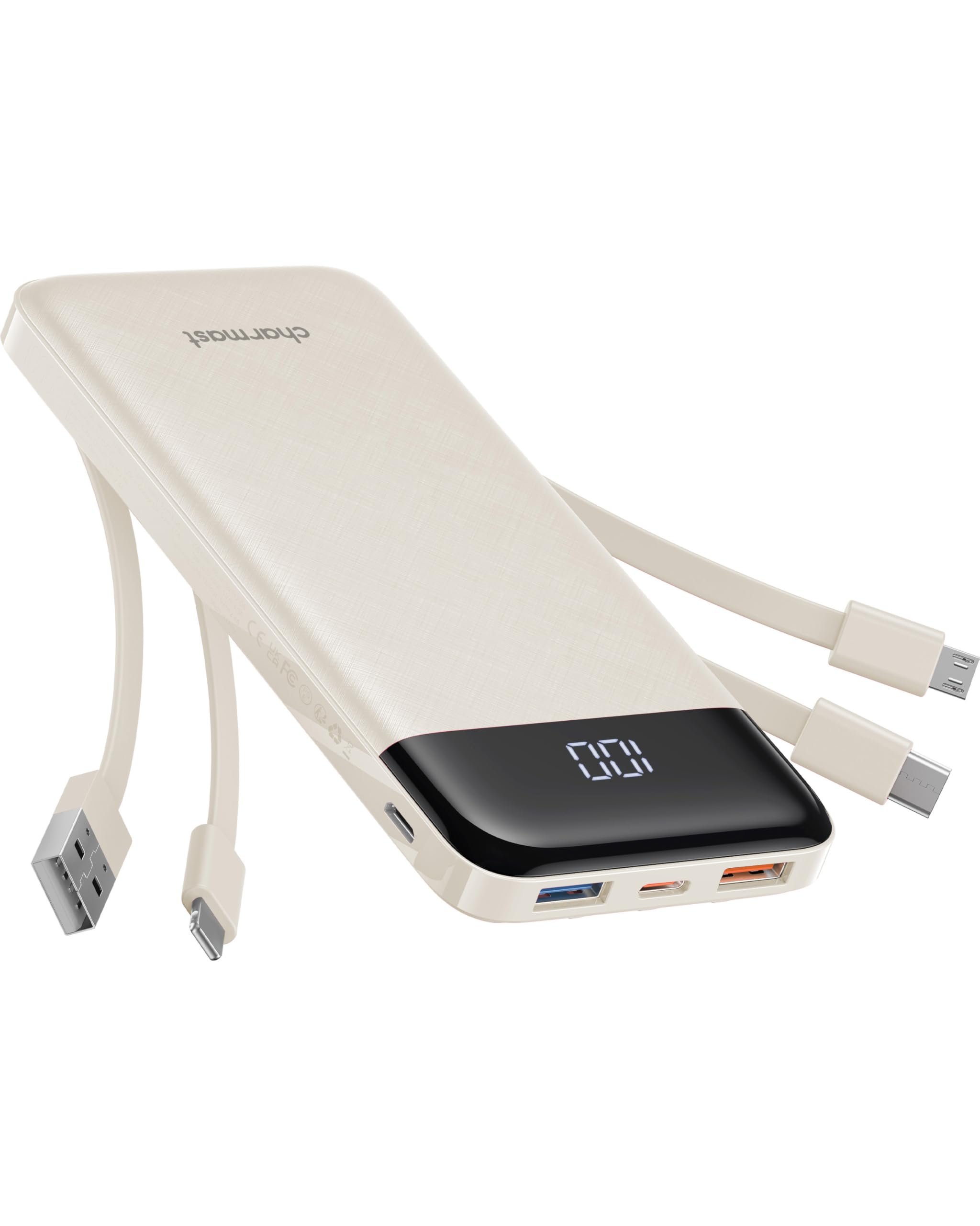 charmast Portable Charger with Built in Cables, Power Bank with Cords Wires, Slim 10000mAh Travel Battery Pack 6 Outputs 3 Inputs 3A Fast Charging for Samsung Google Pixel LG Moto iPhone iPad