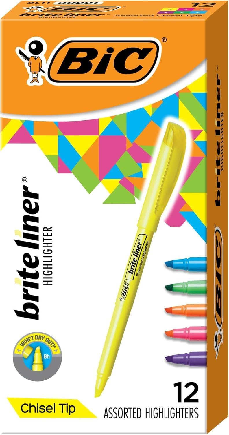 BIC Brite Liner Highlighters, Chisel Tip, 12-Count Pack of Highlighters Assorted Colors, Ideal Highlighter Set for Organizing and Coloring