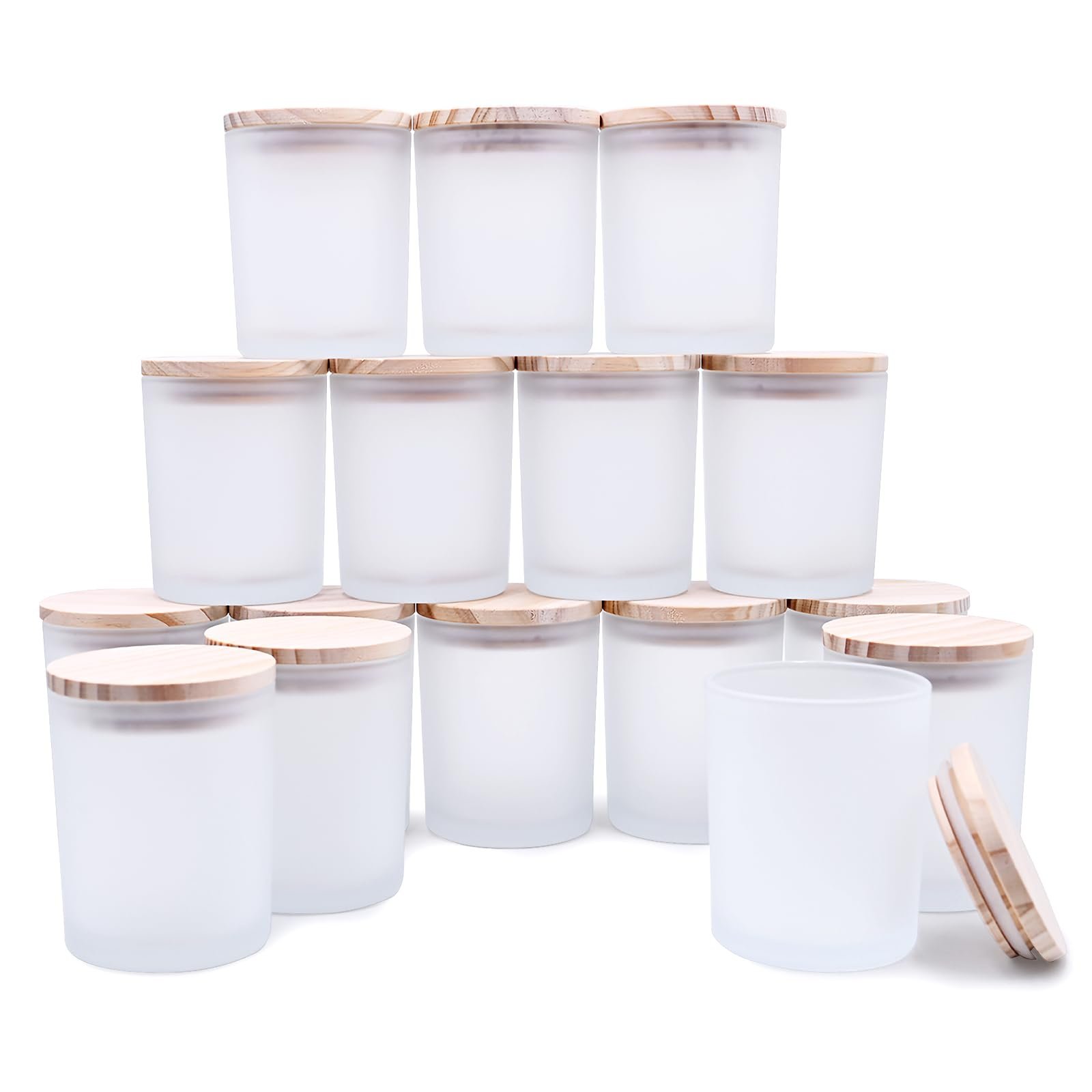 SHOWIN Thick Candle Jars for Making Candles 16 Pcs, 7 OZ Empty Jars with Wood Lids for Candle Making, Sample Container, Frosted White