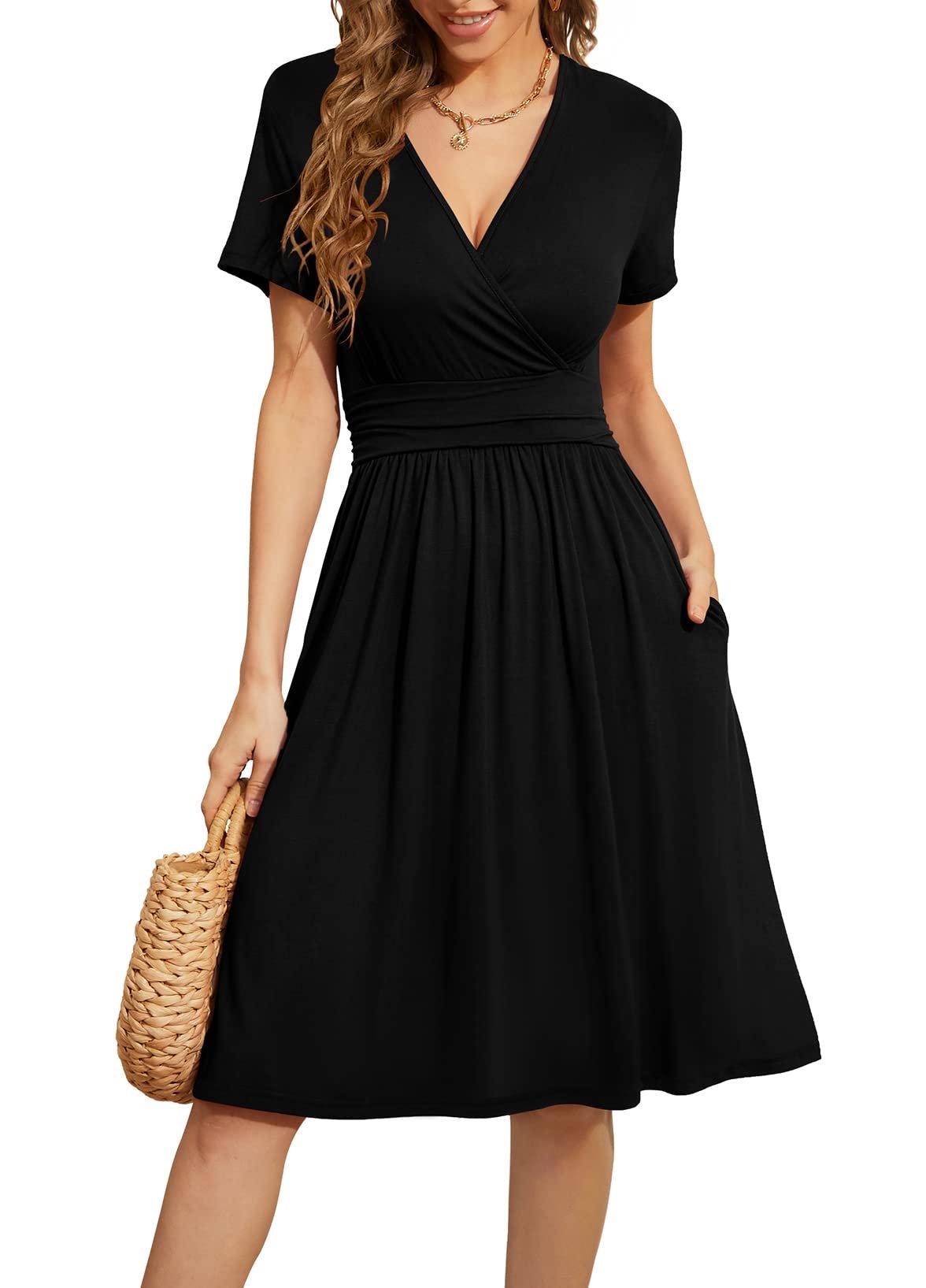 WEACZZY Women's Summer Short Sleeve Casual Dresses V-Neck Floral Party Dress with Pockets