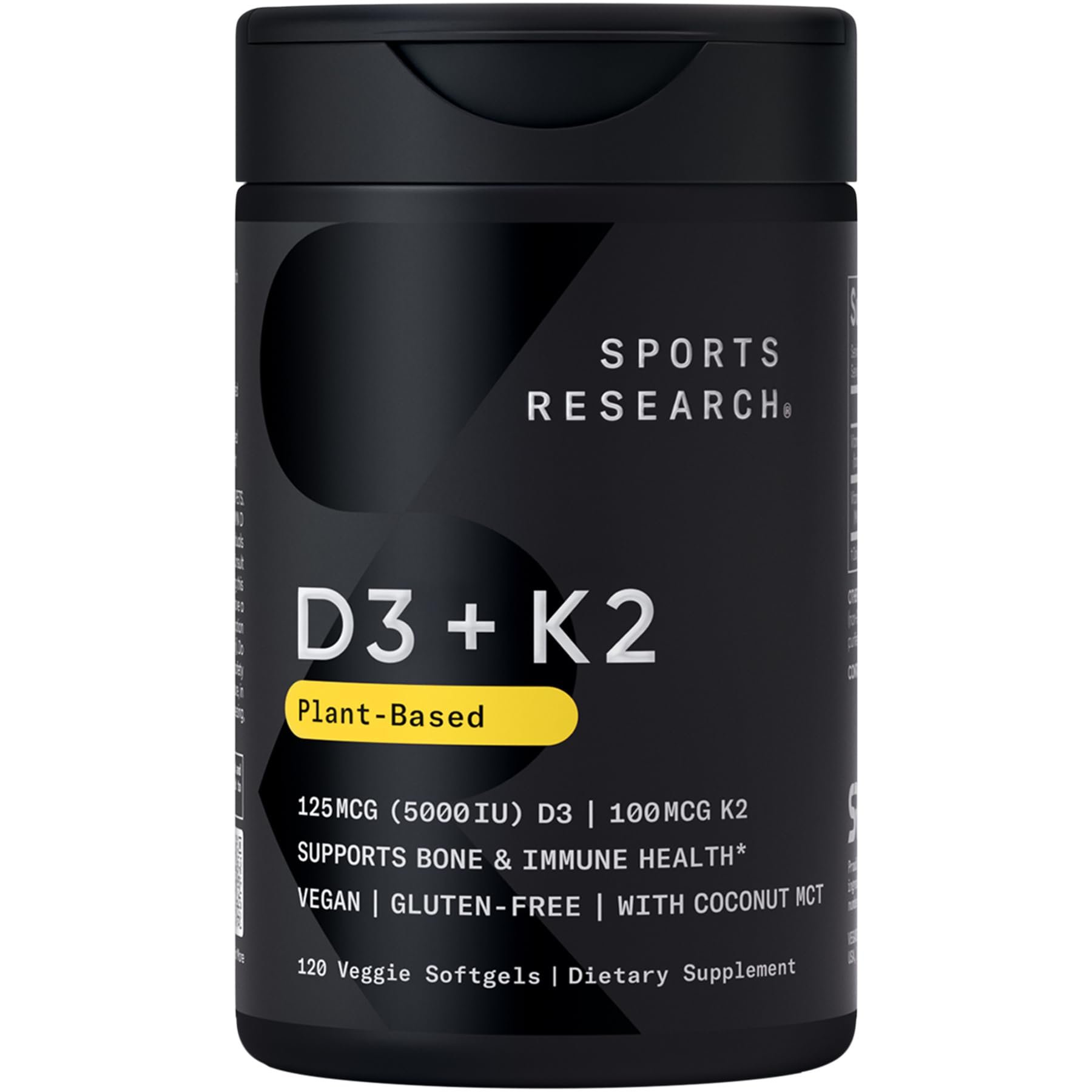 Sports Research Vitamin D3 with K2 Softgels - Plant Based K2 & Vegan D3 5000iu with Coconut MCT Oil - Vegan Certified, Soy & Gluten Free - 120 Count