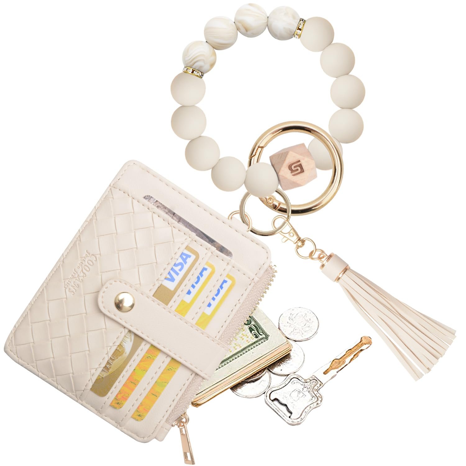 COOLANS Silicone Bracelet Wristlet Wallet Credit Card Holder RFID,ID Window,Key Ring Tassel,Slim Wallet Women Keychain Purse