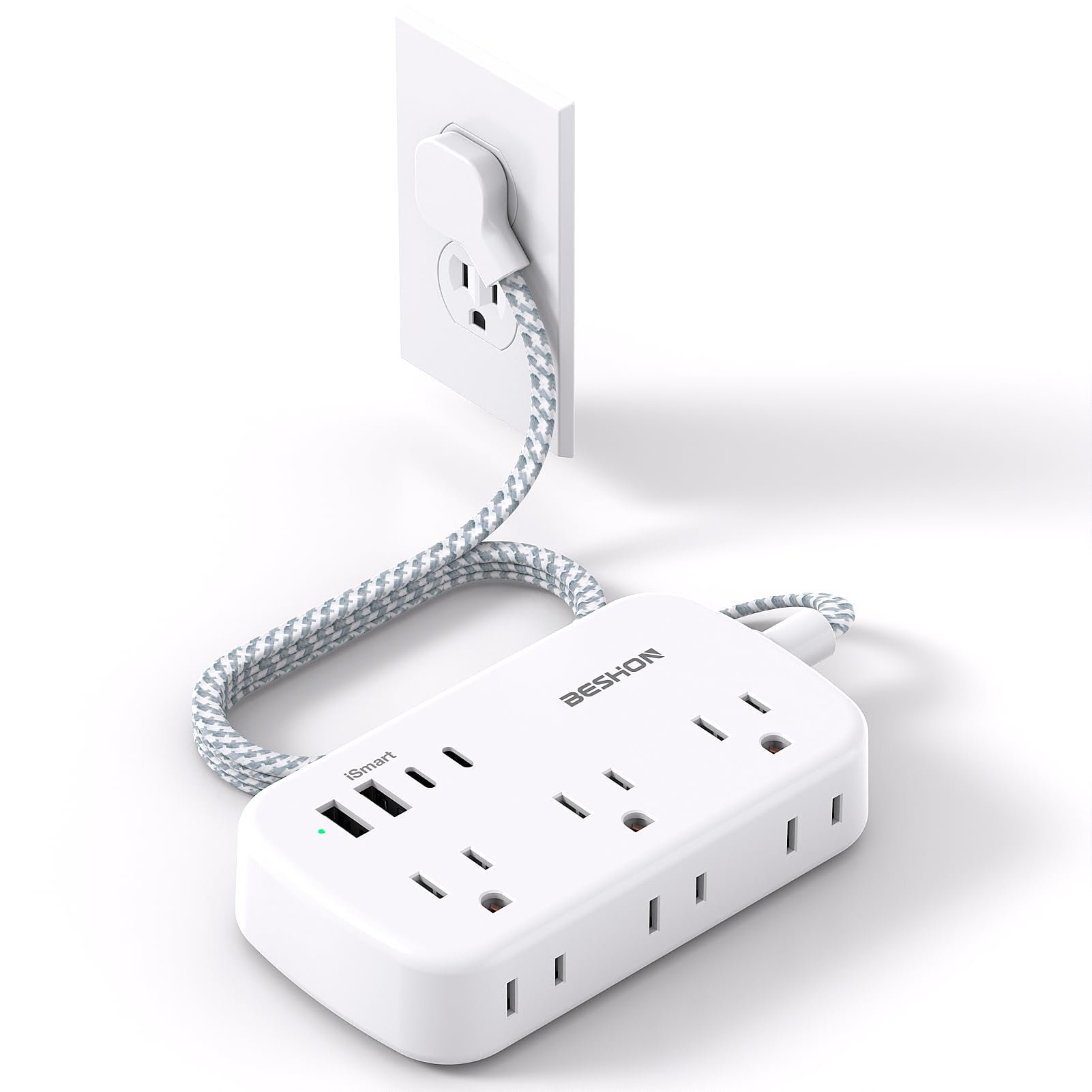 10FT Flat Plug Power Strip with USB C, BESHON Ultra Thin Flat Plug Extension Cord - 6 Outlets with 4 USB Ports(2 USB C), Power Strip for Dorm Room Travel Essentials