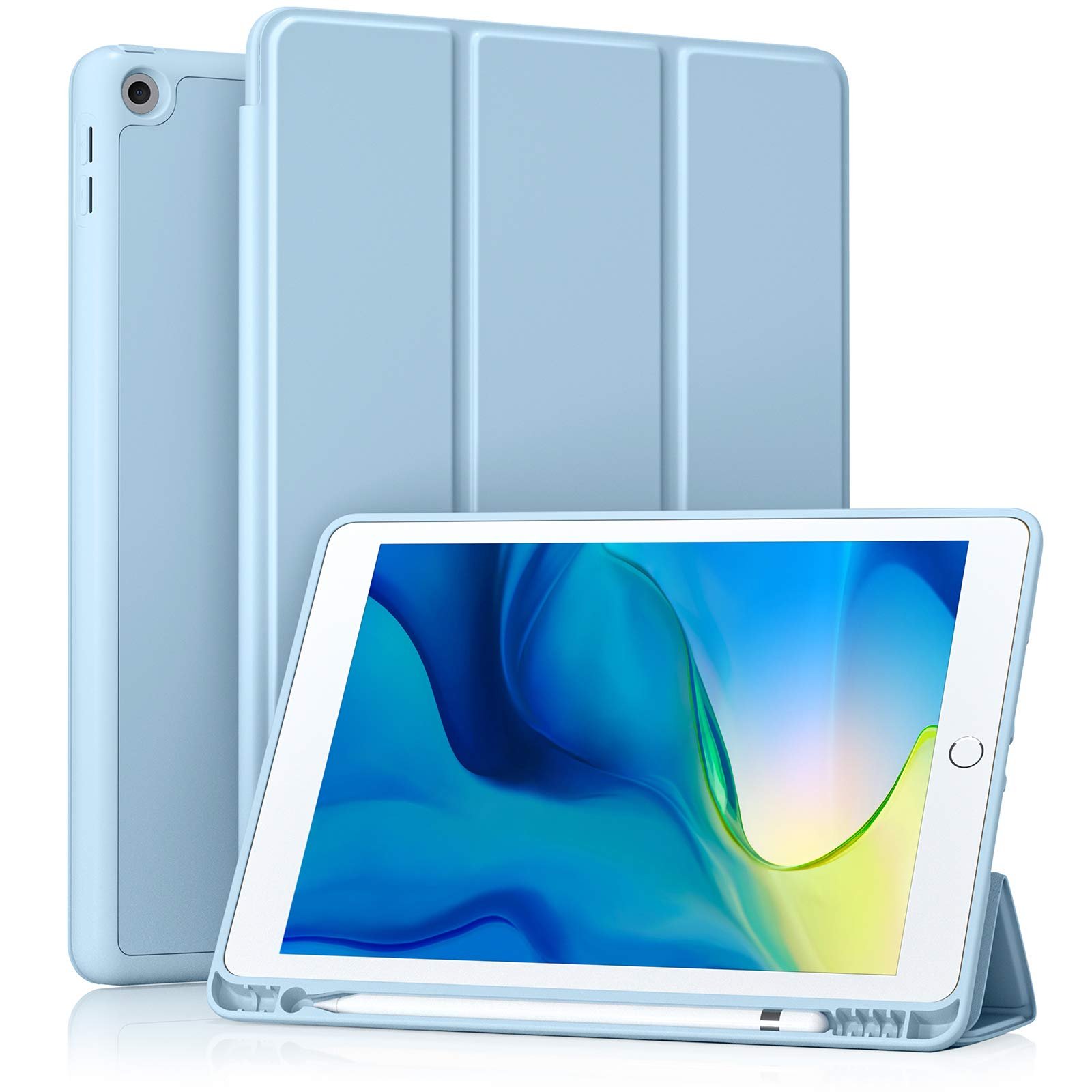 Akkerds Case Compatible with iPad 10.2 Inch 2021/2020/2019, for iPad 9th/8th/7th Generation Case with Pencil Holder, Protective with Soft TPU Back, Auto Sleep/Wake Cover, Sky Blue