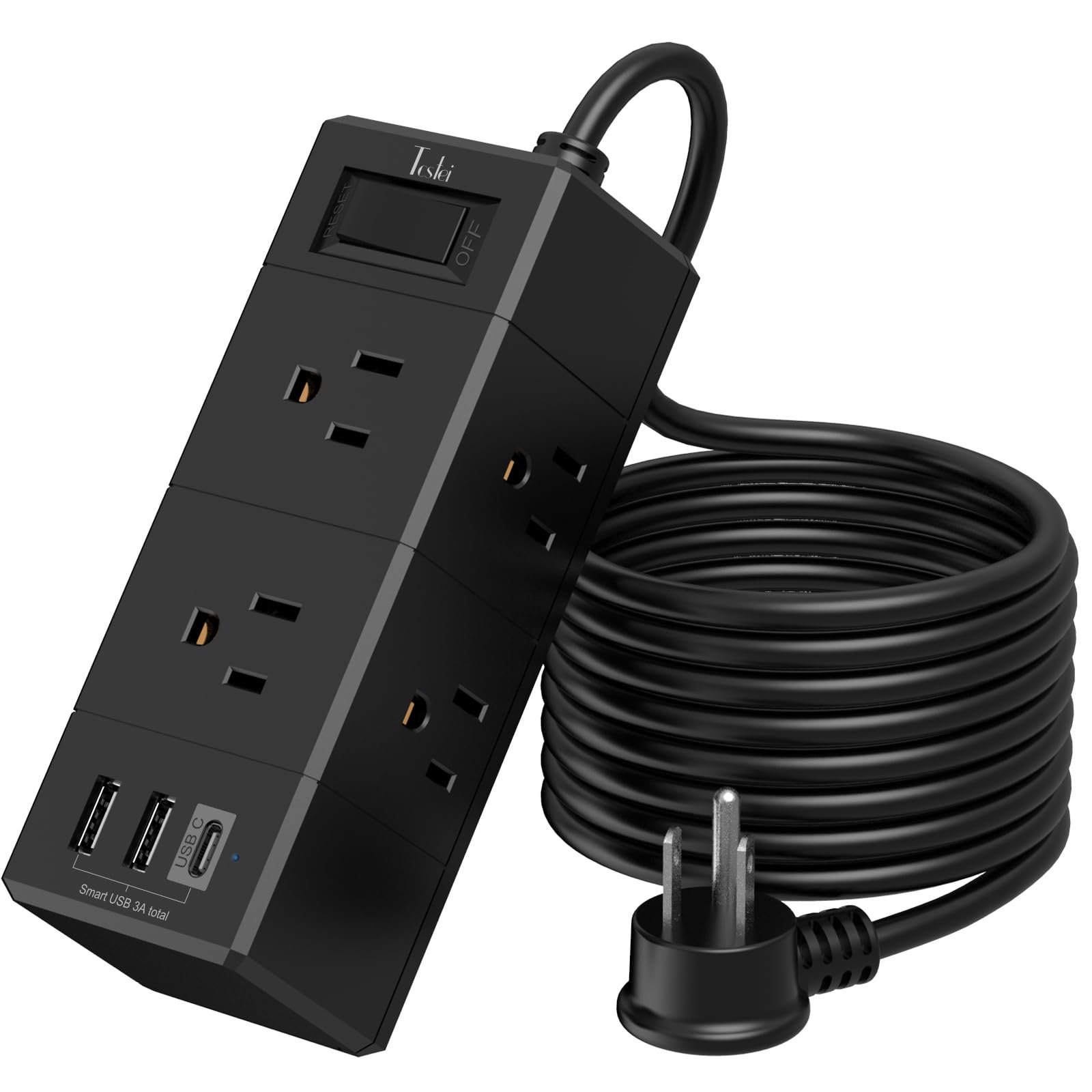 10Ft Extension Cord Flat Plug Power Strip - Tcstei 3-Side Outlet Extender with 6 AC Outlets and 3 USB Ports (1 USB C), Compact for Home, Office, Dorm Room Essentials, ETL, Black
