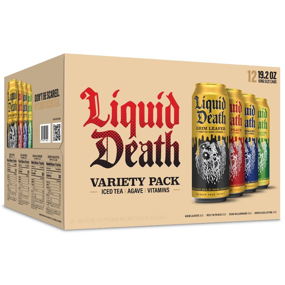 Liquid Death Iced Tea Variety 12-Pack (19.2 Oz Cans) | Grim Leafer | Rest in Peach | Dead Billionaire | Green Guillotine