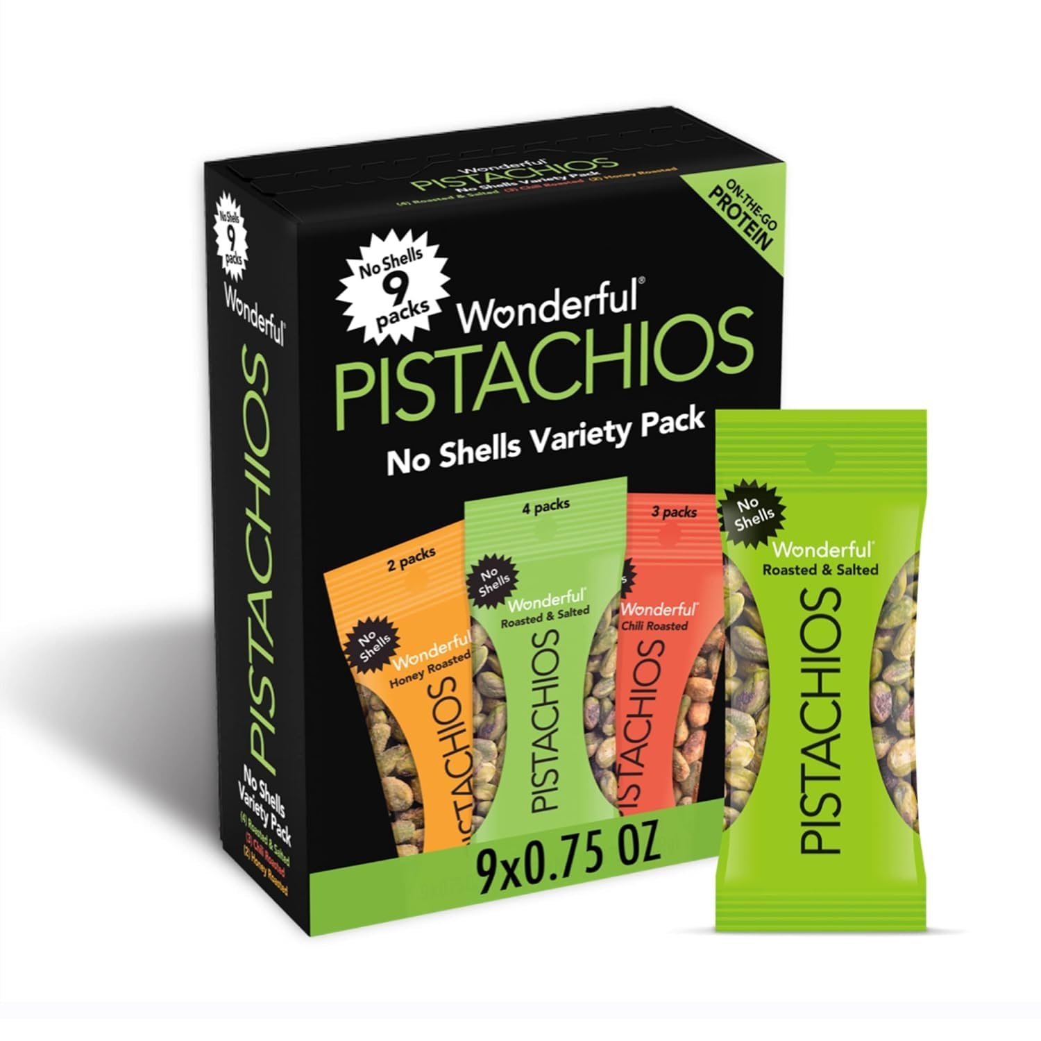 Wonderful Pistachios No Shells, 3 Flavors Mixed Variety Pack of 9 (0.75 Ounce), Roasted & Salted Nuts (4), Chili (3), Honey (2), Protein Snacks, Gluten Free, Pantry Staples, Healthy Snacks Variety Pack for Adults, Stocking Stuffers