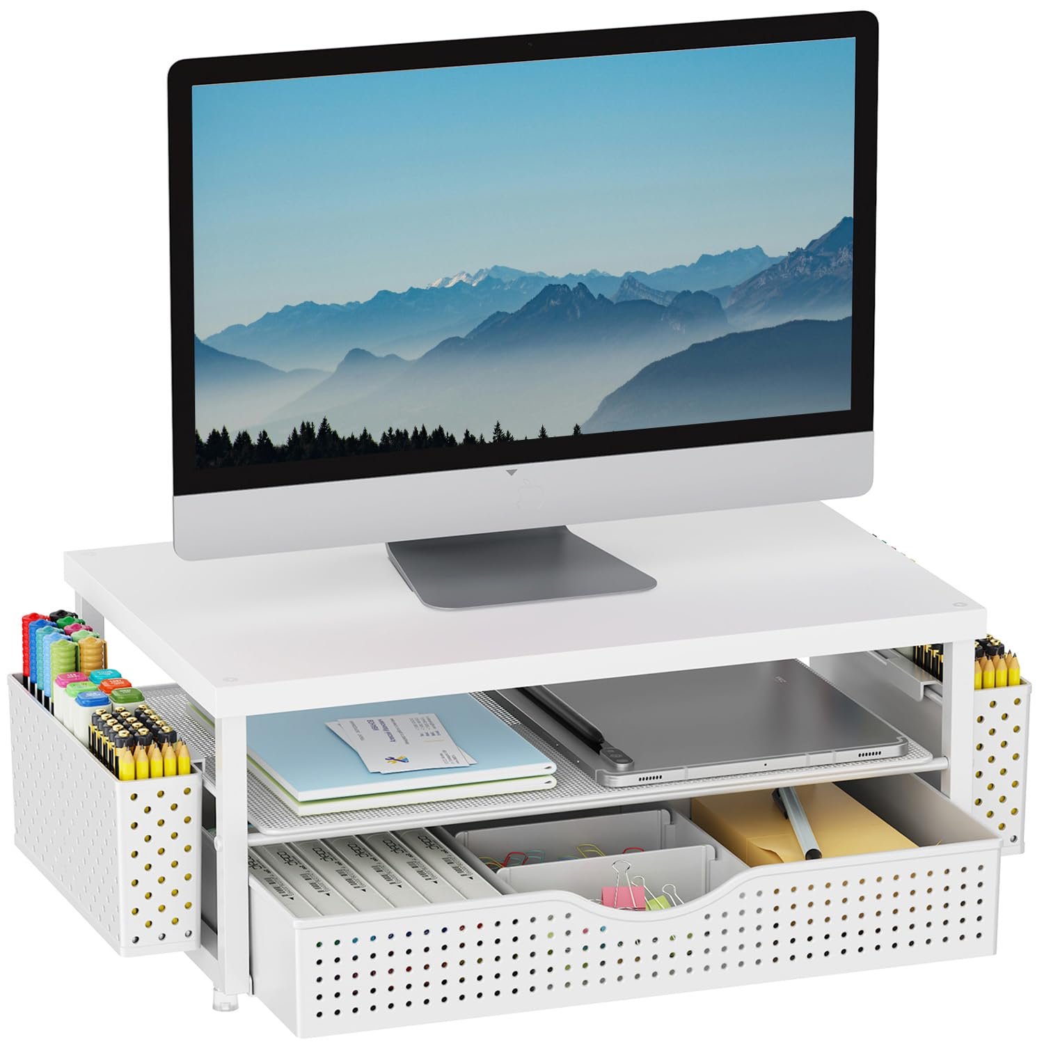 gianotter Wood Monitor Stand Riser, Office Desk Shelf Organizer, Desk Organizer with Drawer and Pen Holder, 2-Tier Computer Stand, Office Organization (Matte White)