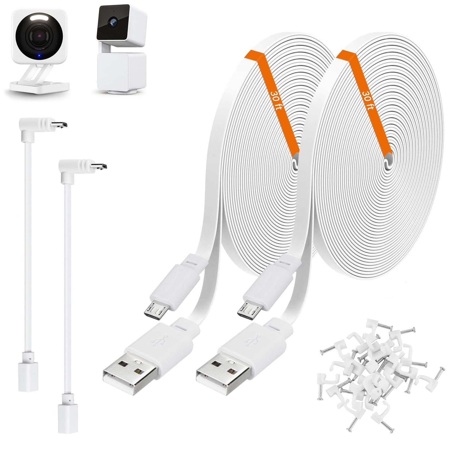 2 Pack 30ft Power Extension Cable Compatible with Wyze Cam v4,Wyze Cam Pan v3,Wyze OG,Wyze Cam v3 and v3 Pro Security Camera - 9m Long Flat USB to Micro USB Charging Cord with L-Shaped Adapter, White