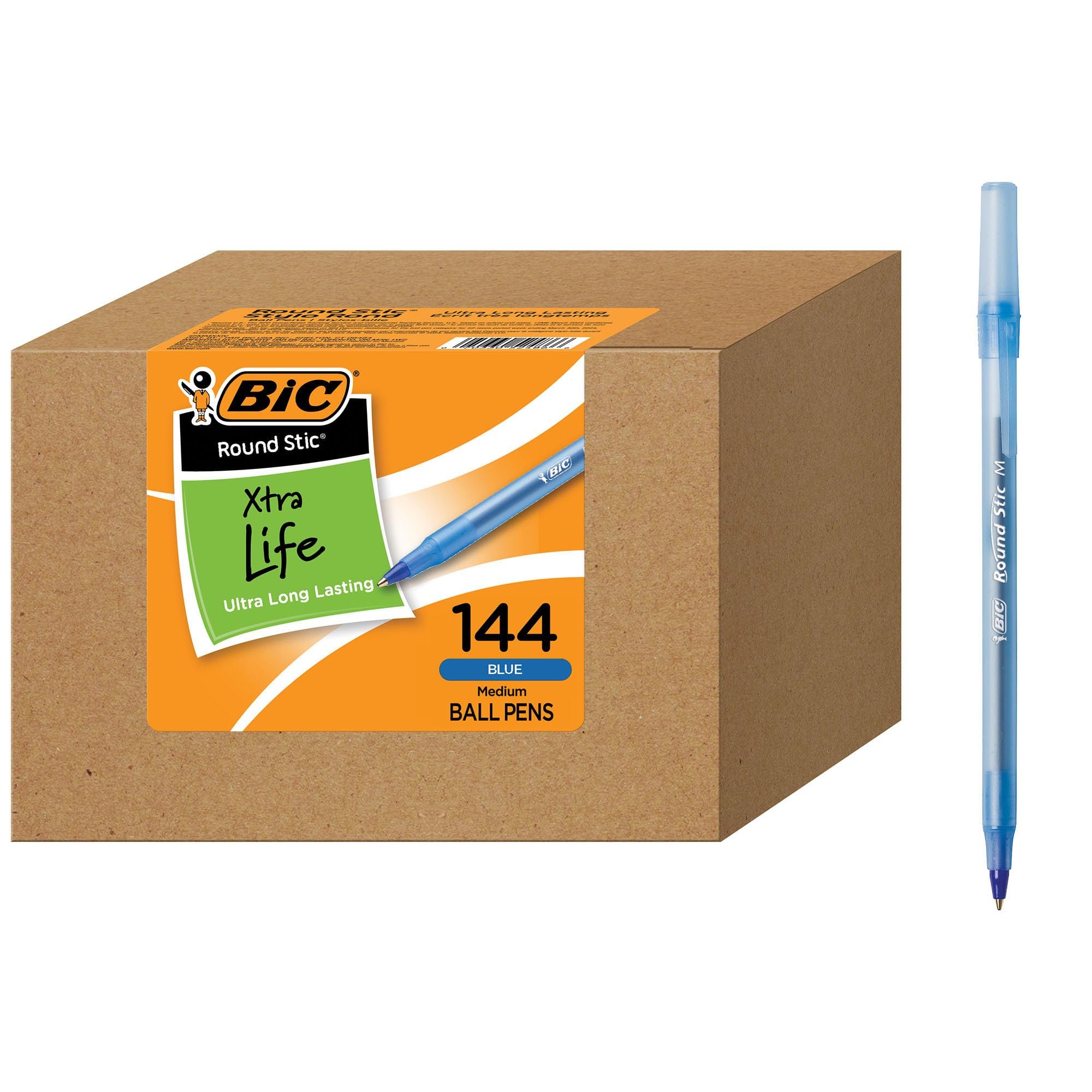 BIC Round Stic Xtra Life Blue Ballpoint Pens, Medium Point (1.0mm), 144-Count Pack of Bulk Pens, Flexible Round Barrel for Writing Comfort, No. 1 Selling Ballpoint Pens