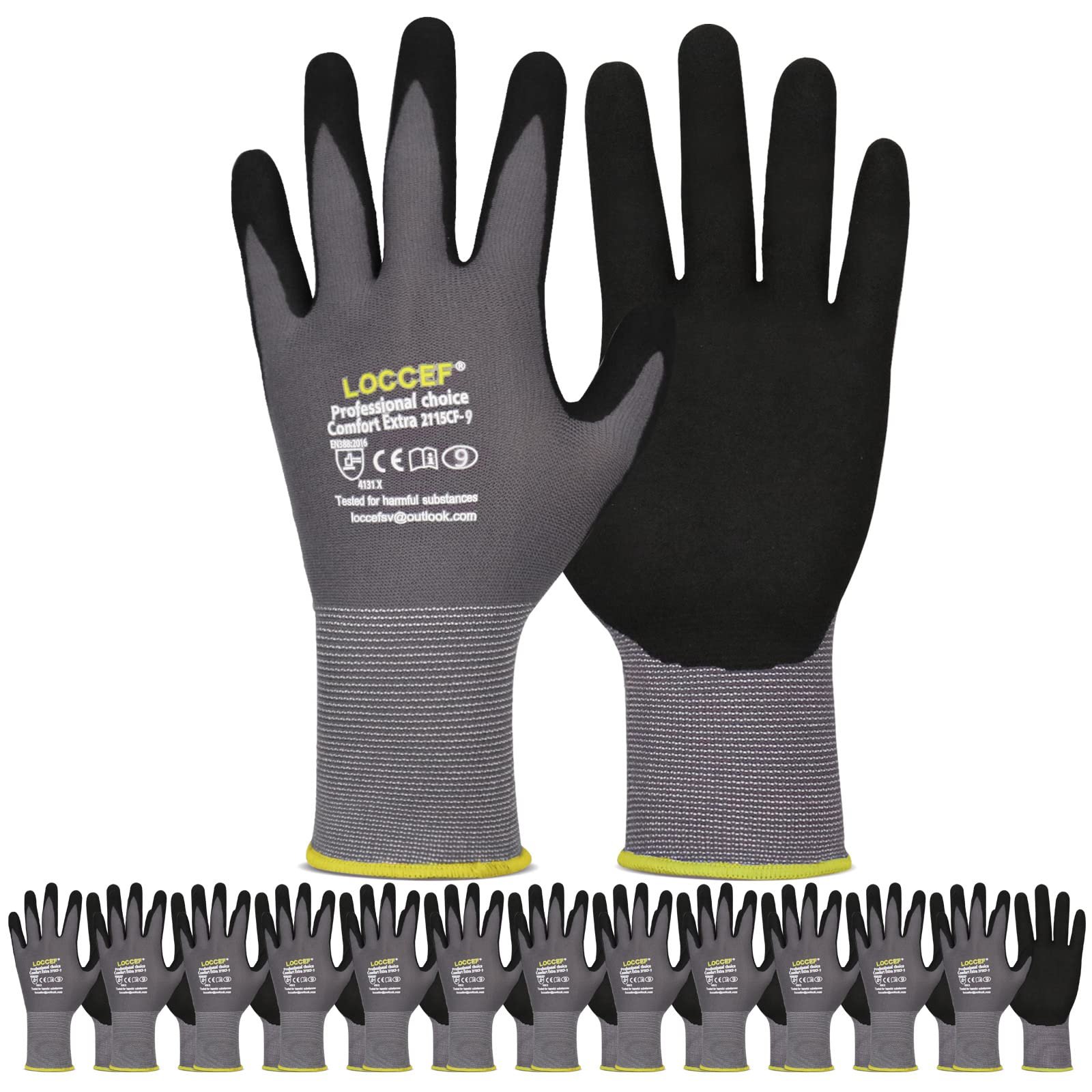 LOCCEF Work Gloves MicroFoam Nitrile Coated-6 Pairs,Seamless Knit Nylon Gloves,Gray Work gloves