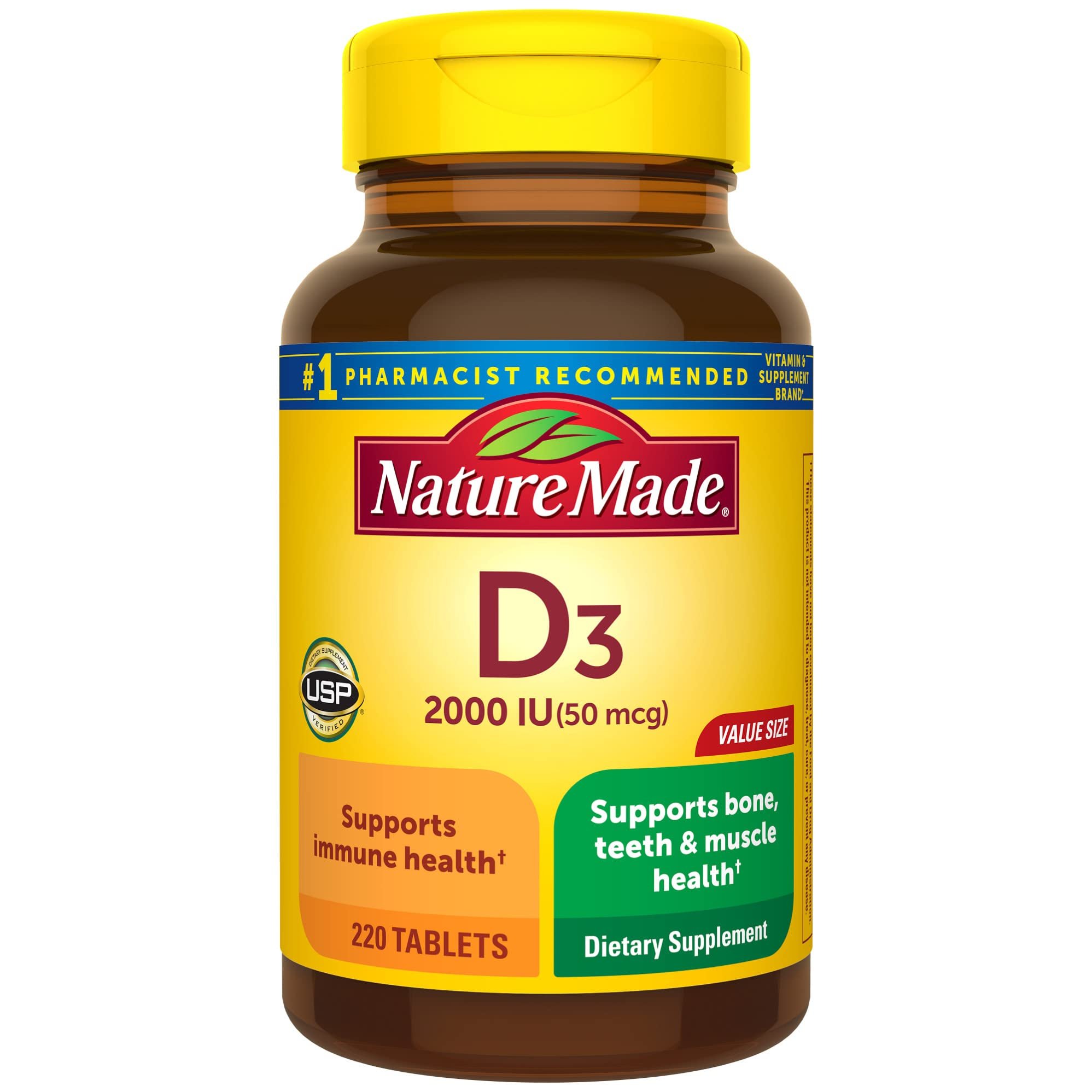 Nature Made Vitamin D3 2000 IU (50 mcg), Vitamin D Supplement for Bone, Teeth, Muscle and Immune Health Support, 220 Tablets, 220 Day Supply