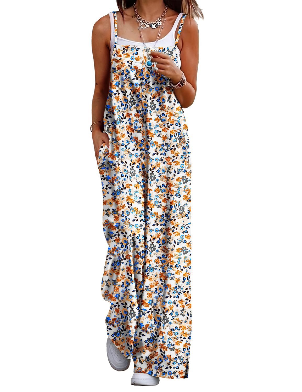 YESNO Women's Summer Boho Casual Jumpsuits Wide Leg Overalls Floral Print Baggy Rompers with Pockets PZZCR
