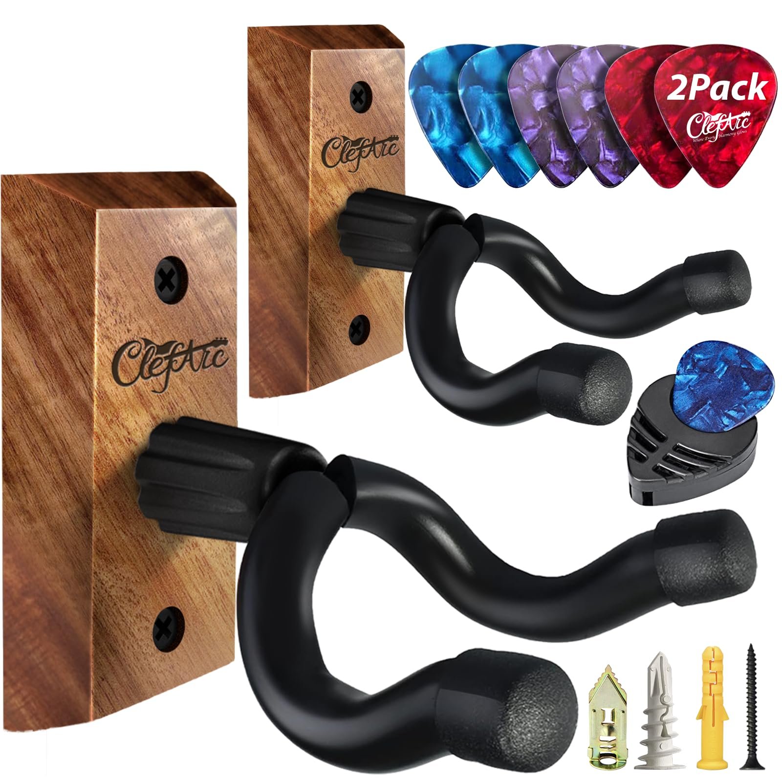 ClefArc Guitar Wall Mount 2 Pack - U-Shape Guitar Wall Hangers, Guitar Stand Wall, Black Walnut Guitar Hanger, Pick Holder, Gifts for Guitarists, with 6 Assorted Guitar Picks