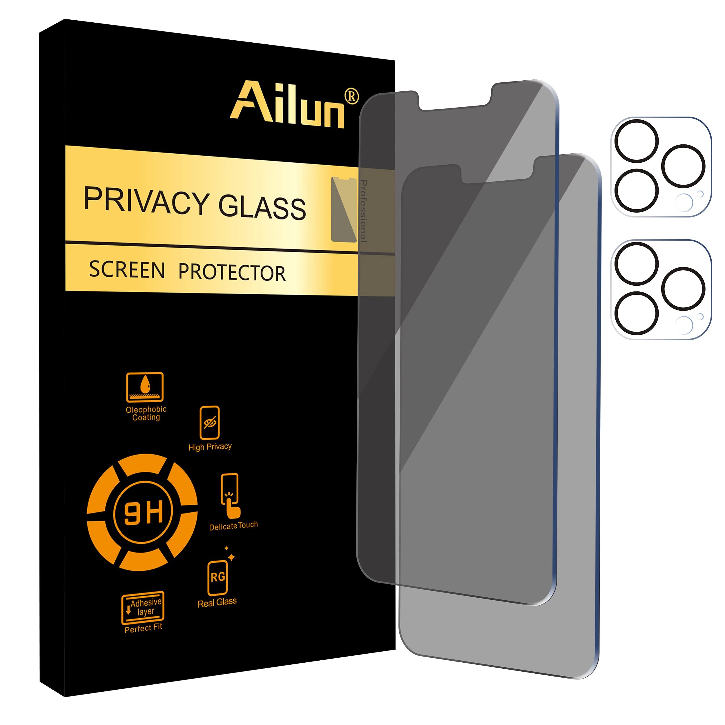 Ailun Privacy Screen Protector for iPhone 13 Pro Max [6.7 inch] 2Pack | + 2 Pack Camera Lens Protector | Anti Spy Private Tempered Glass Film | [9H Hardness] | HD