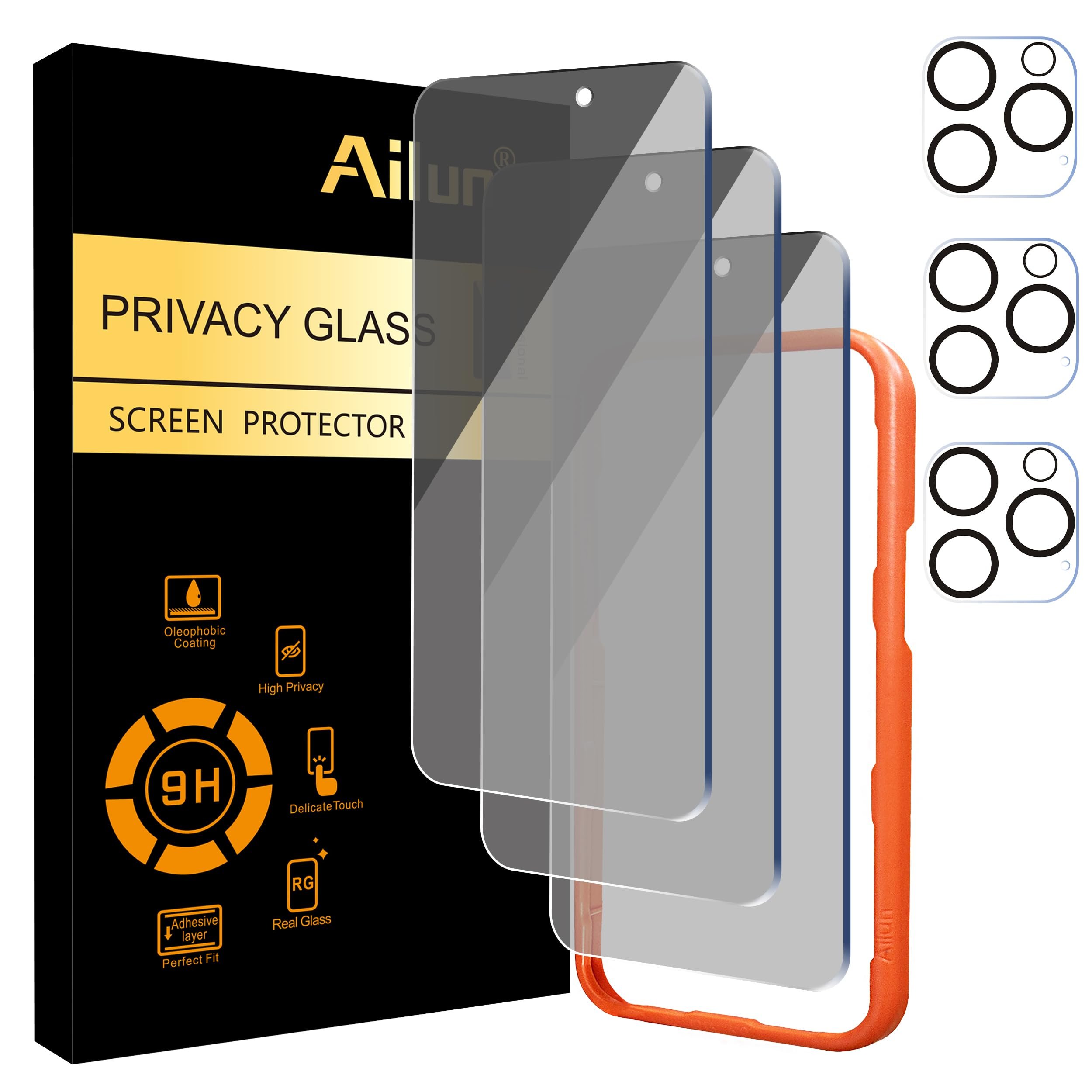 Ailun 3 Pack Privacy Screen Protector for iPhone 16 Pro Max [6.9"] | + 3 Pack Camera Lens Protector | Dynamic Island Compatible | Anti Spy Tempered Glass | 9H Hardness | HD
