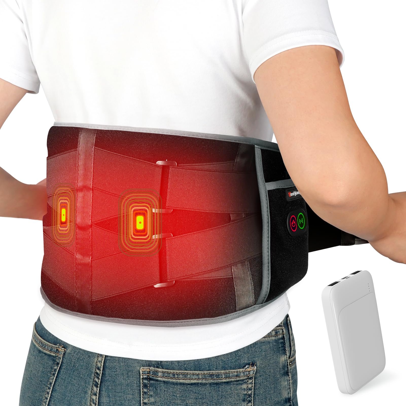 Comfytemp Cordless Heating Pad with Massager for Back Pain Relief, Portable Lower Back Massager FSA Eligible Wearable Rechargeable, Birthday Gifts for Grandma Grandpa Dad Mom Men Women 3 Heat Auto-Off