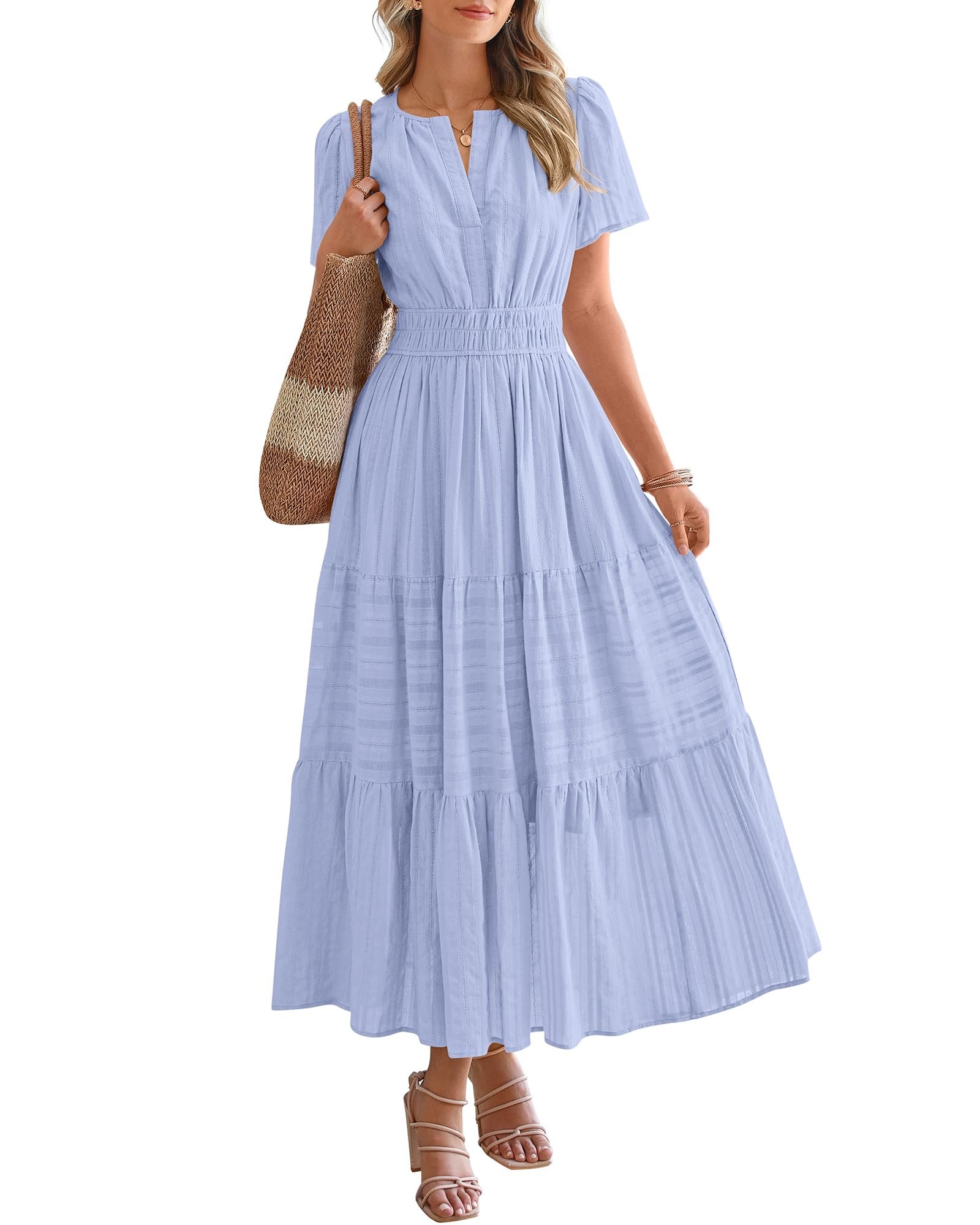 BTFBM Womens Summer 2025 Casual Midi Maxi Dresses Lightweight Short Sleeve V Neck Elastic Waist Boho Beach Dress Pockets