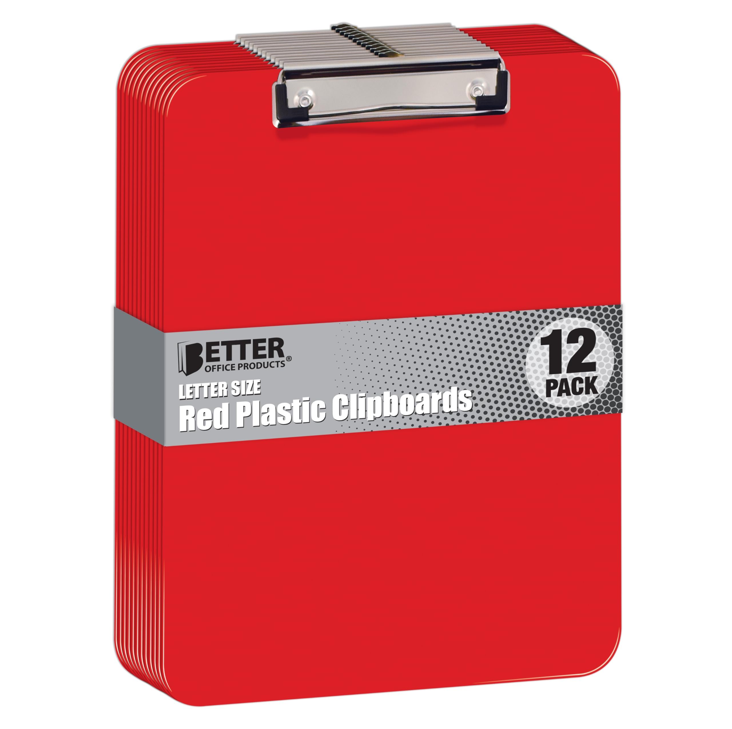 Better Office Products Red Plastic Clipboards, 12 Pack, Durable, 12.5 x 9 Inch, Low Profile Clip, Red, Set of 12