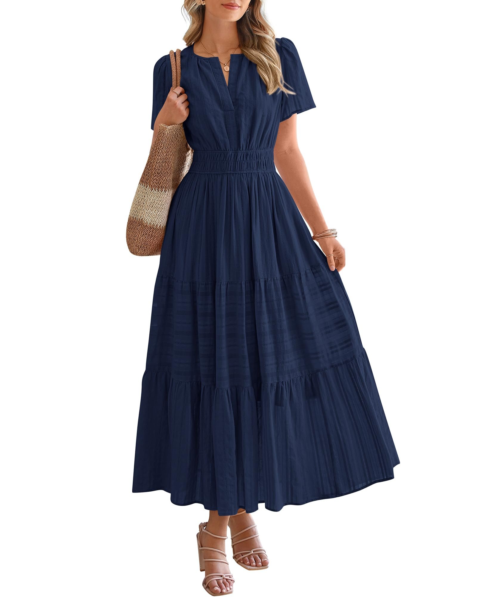 BTFBM Womens Summer 2025 Casual Midi Maxi Dresses Lightweight Short Sleeve V Neck Elastic Waist Boho Beach Dress Pockets