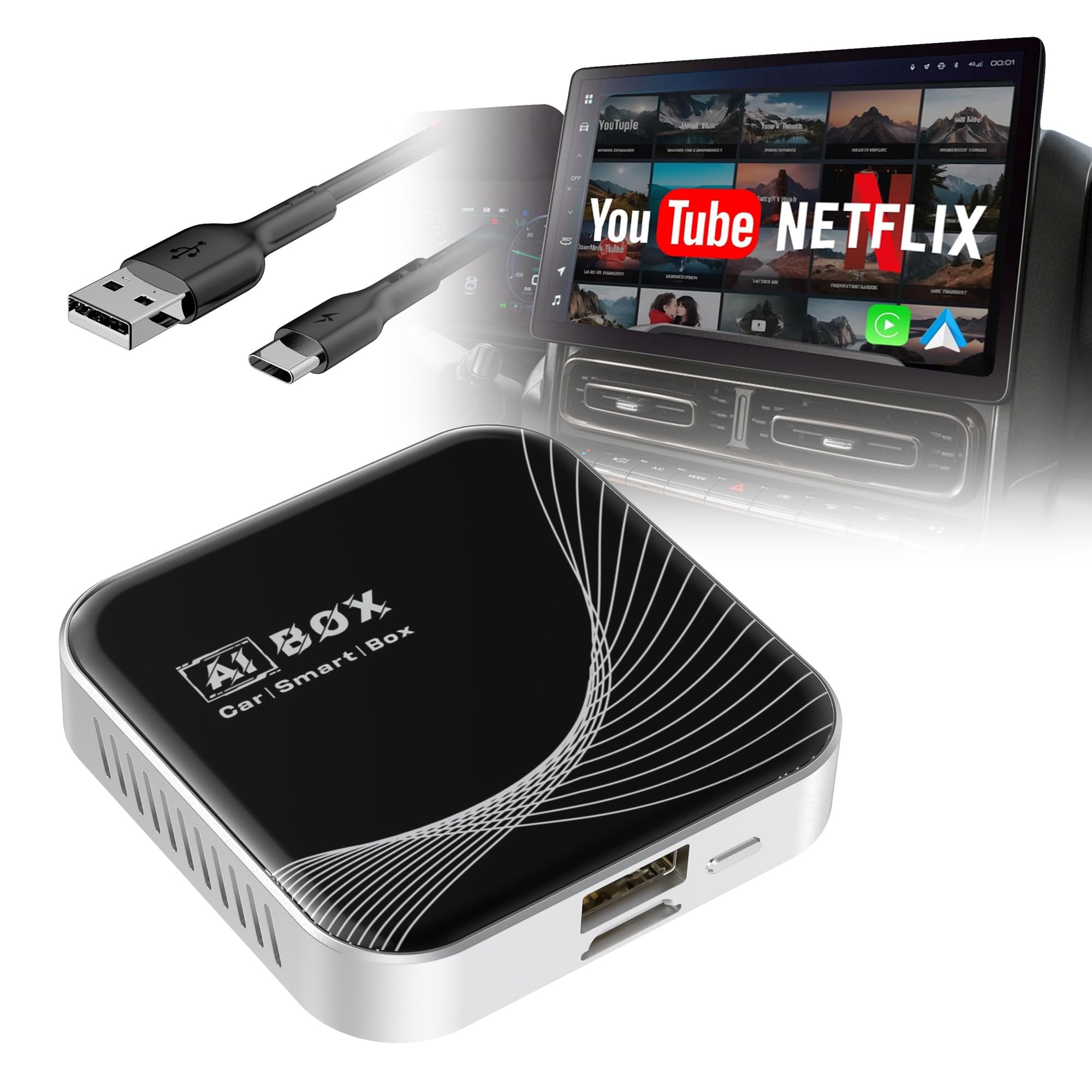 TERUNSOUl 3-in-1 Wireless CarPlay Adapter & Android Auto Wireless Adapter, Plug & Play, Easy Setup, Supports Netflix, YouTube, TF Card, and More for Cars with OEM Wired CarPlay/Android Auto