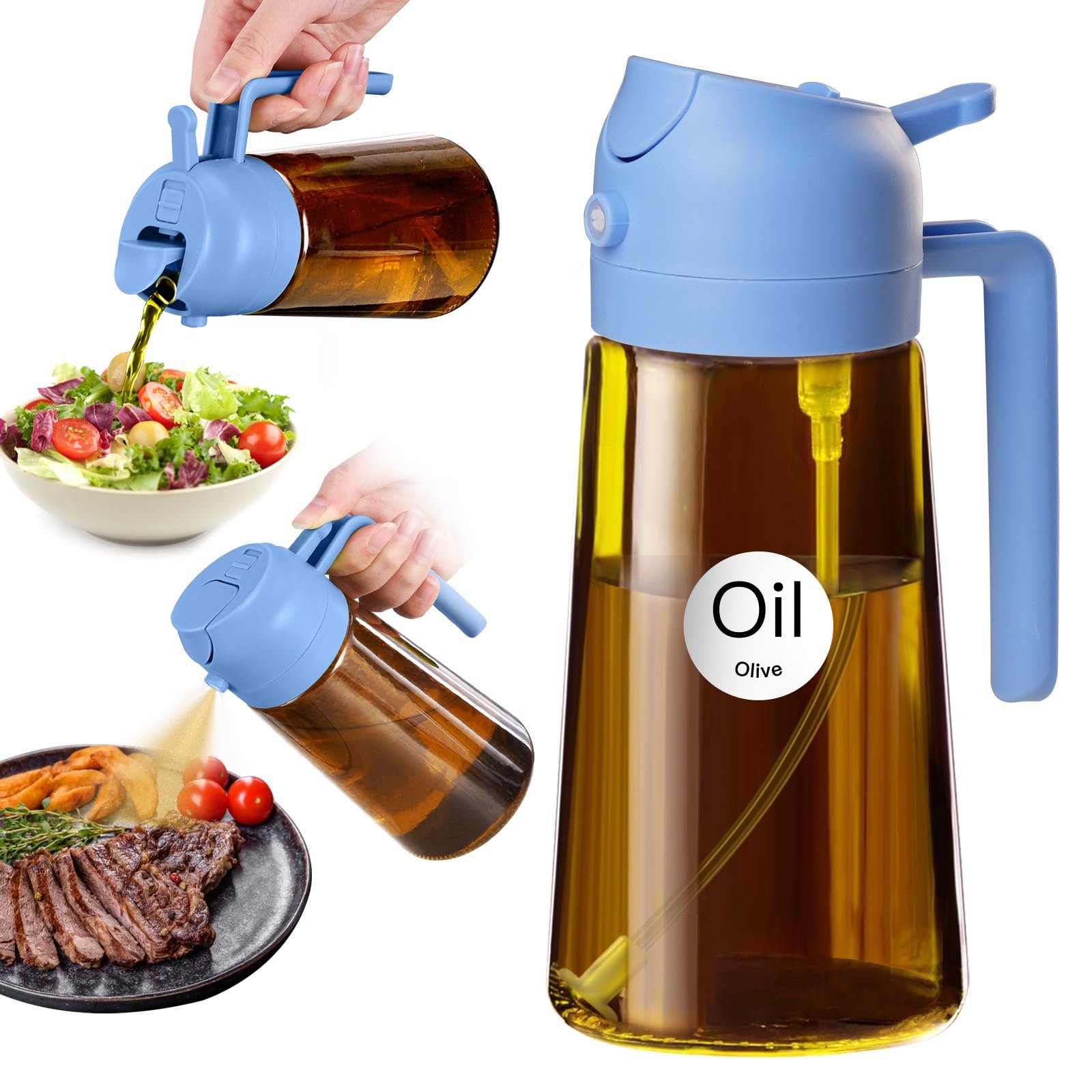 YARRAMATE 16oz/470ml Dark Brown Oil Sprayer for Cooking with Stickers, Food-grade Premium 2 in 1 Olive Oil Dispenser Bottle for Kitchen Gadgets, Air Fryer, Salad, Frying, BBQ (SkyBlue)