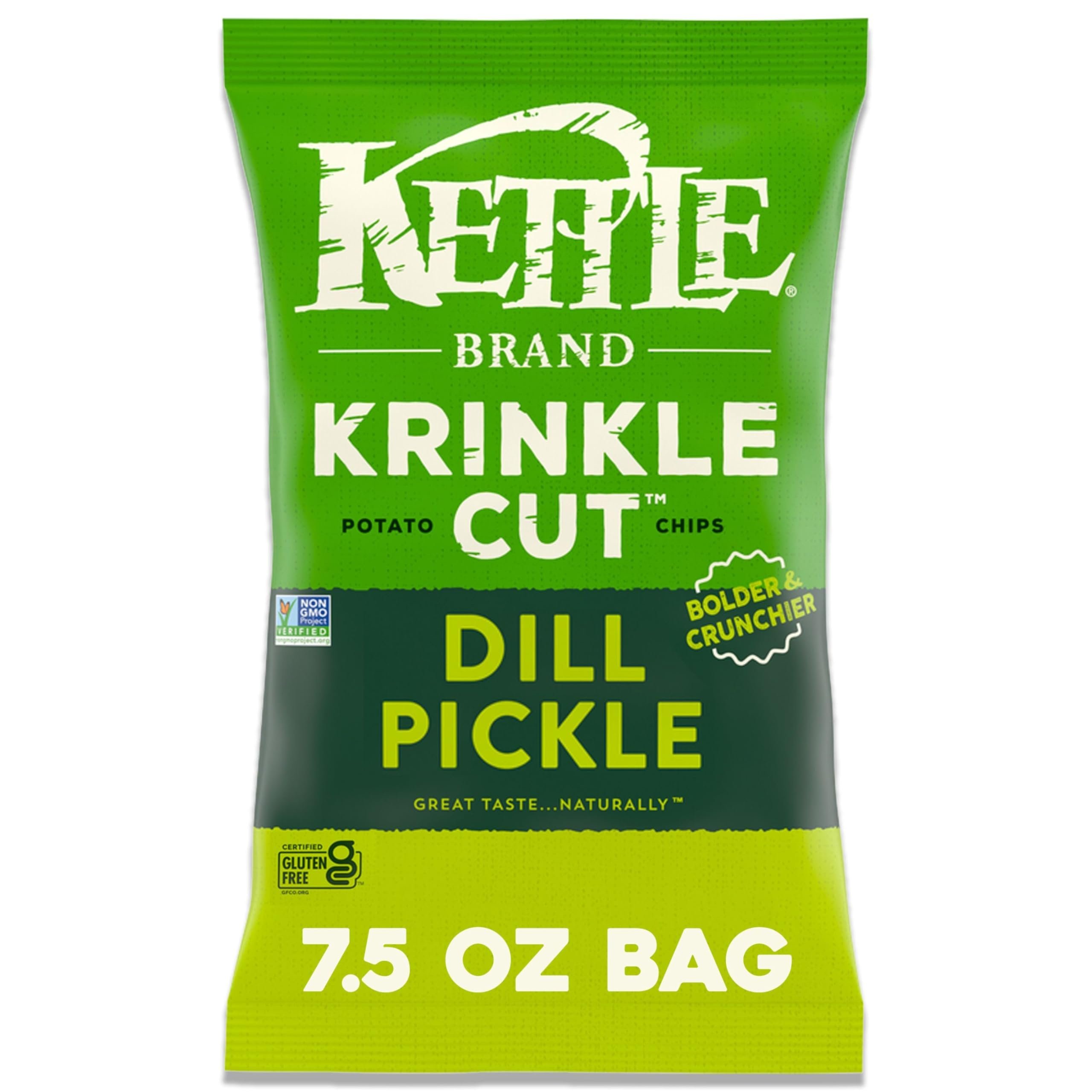 Kettle Brand Potato Chips, Krinkle Cut, Dill Pickle Kettle Chips, 7.5 Oz