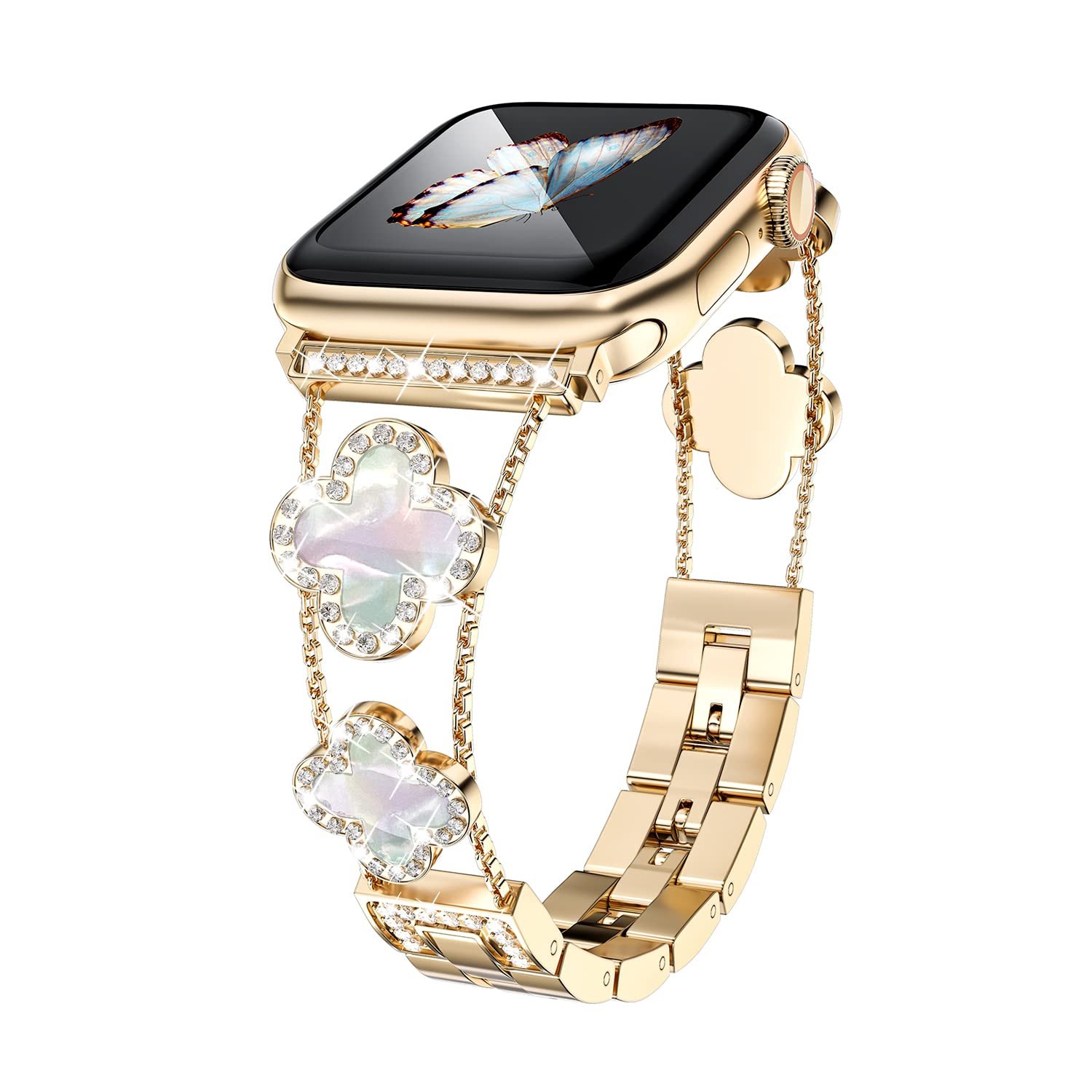 Musk-MSKR Diamond Metal Bands Add Sparkle to Your Watch For Apple Watch Series 10/9/8/7/6/5/4/3/2/1SE/Ultra Clover Simple and Stylish Compatible with 38mm40mm41mm42mm44mm45mm 46mm49mm Women's Wear