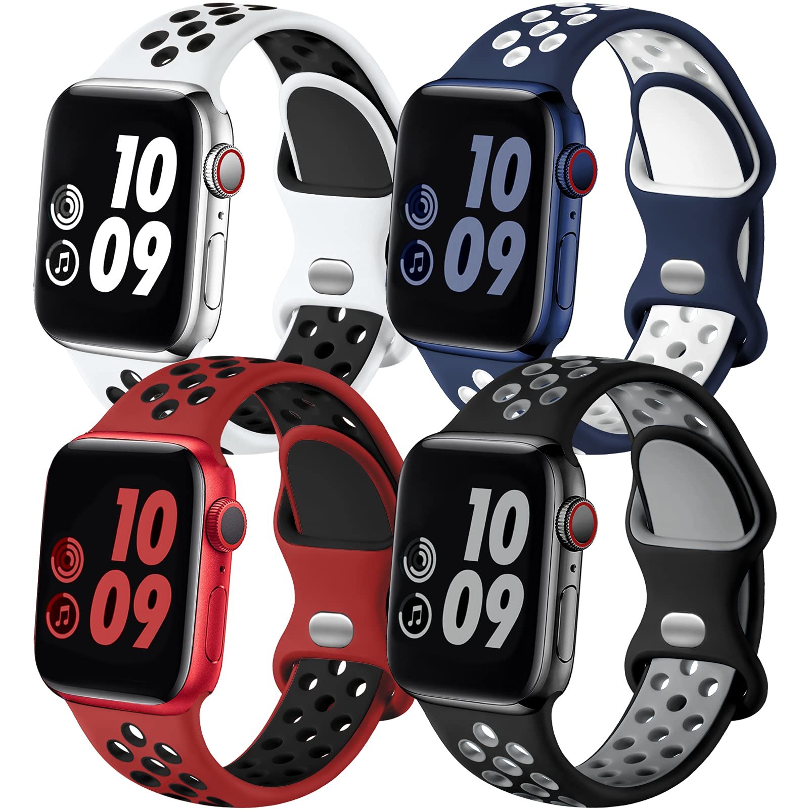 Adorve 4 Pack Sport Bands Compatible with Apple Watch Bands for Men Women 49mm 46mm 45mm 44mm 42mm 41mm 40mm 38mm,Breathable Soft Silicone Strap for iWatch Bands Series 10 SE 9 8 7 6 5 4 3 2 1 Ultra 2
