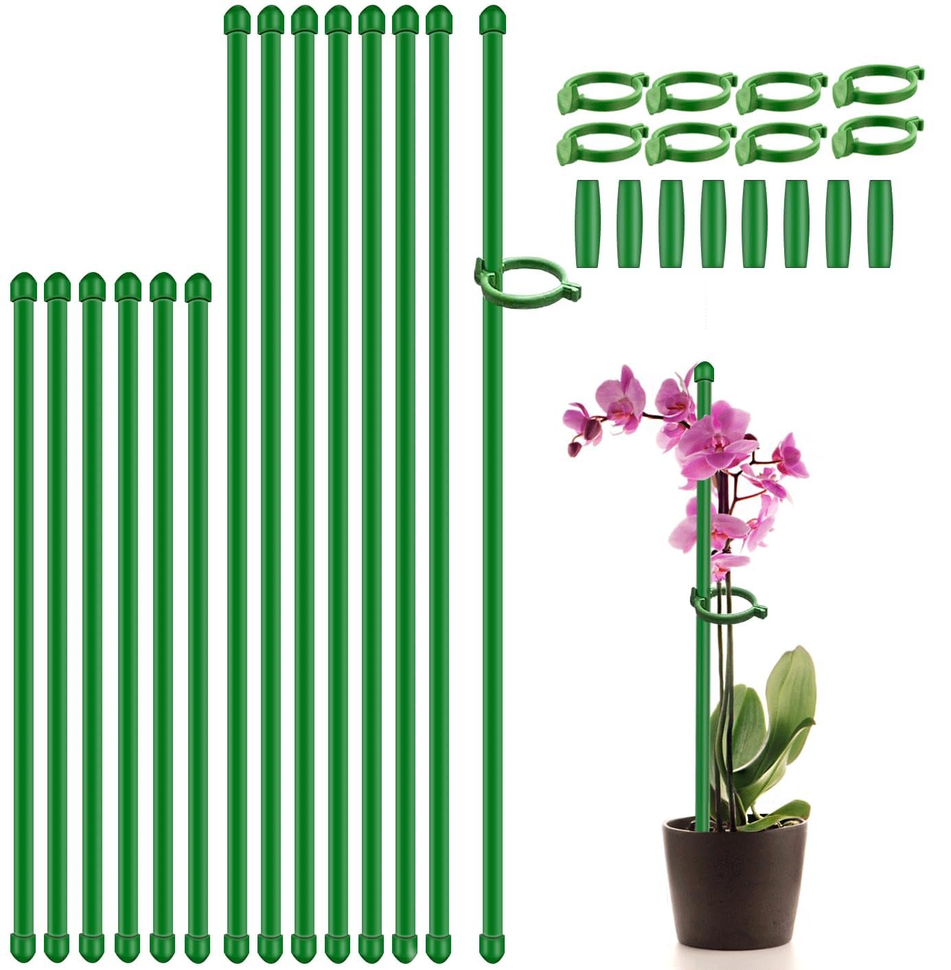 Plant Stakes 17inch &11inch SupKing Adjustable Length Plant Support Stake 16Pcs Green Orchid Stick with Clips for Indoor Outdoor,Garden Pole for Potted Tomato Amaryllis Vegetables Comes with 20 Ties