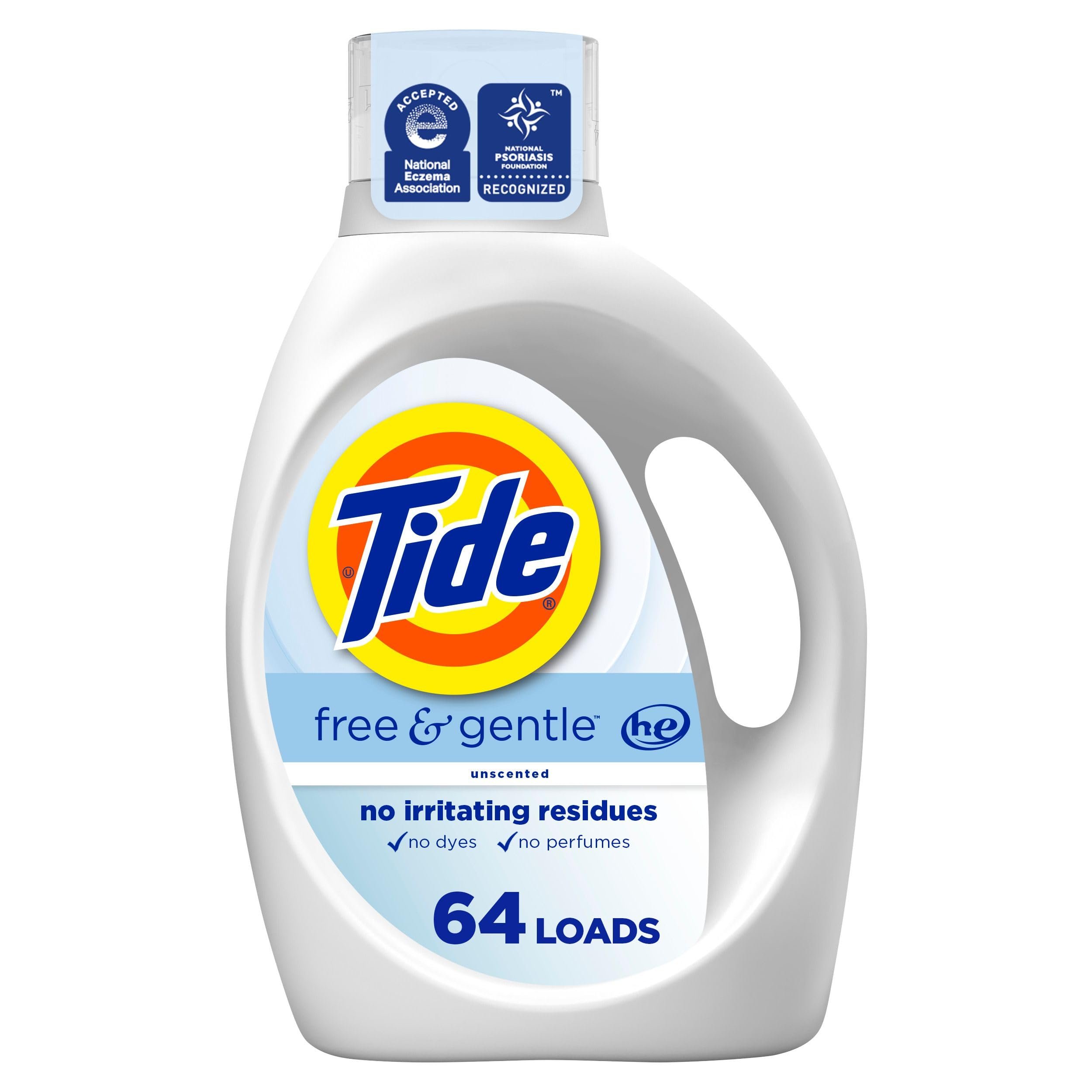 Tide Free & Gentle, Liquid Laundry Detergent Soap, Unscented, Hypoallergenic for Sensitive Skin and Free of Dyes, HE Compatible, 64 Loads, 84 fl oz