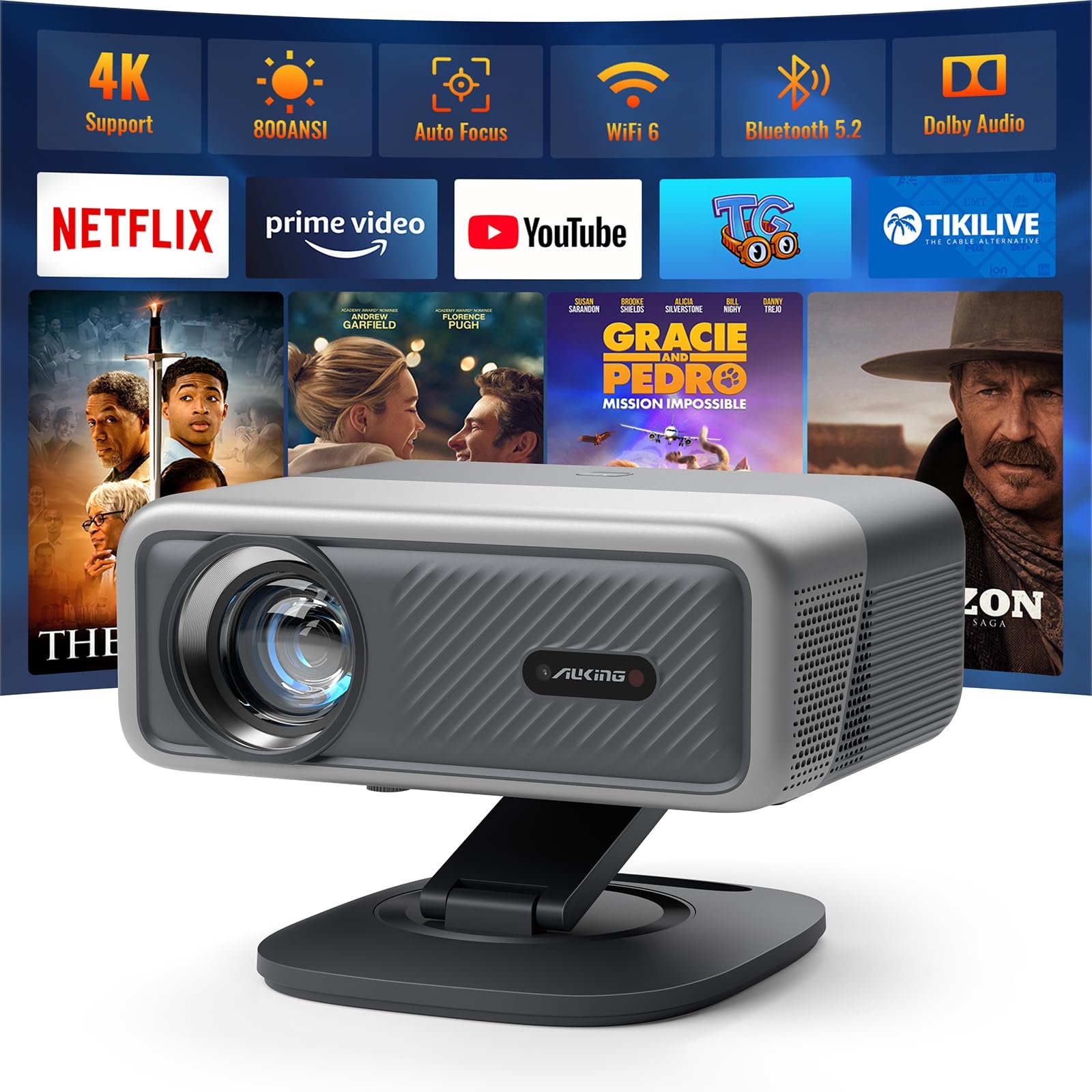 [Netflix Officially&AI Auto Focus]AuKing Smart Projector with Wifi,Bluetooth,Auto Focus&Keystone Projector 4Ksupport,3DDoIby Audio, 1200ANSI Outdoor Projector with Omnidirectional Rotating Stand Grey