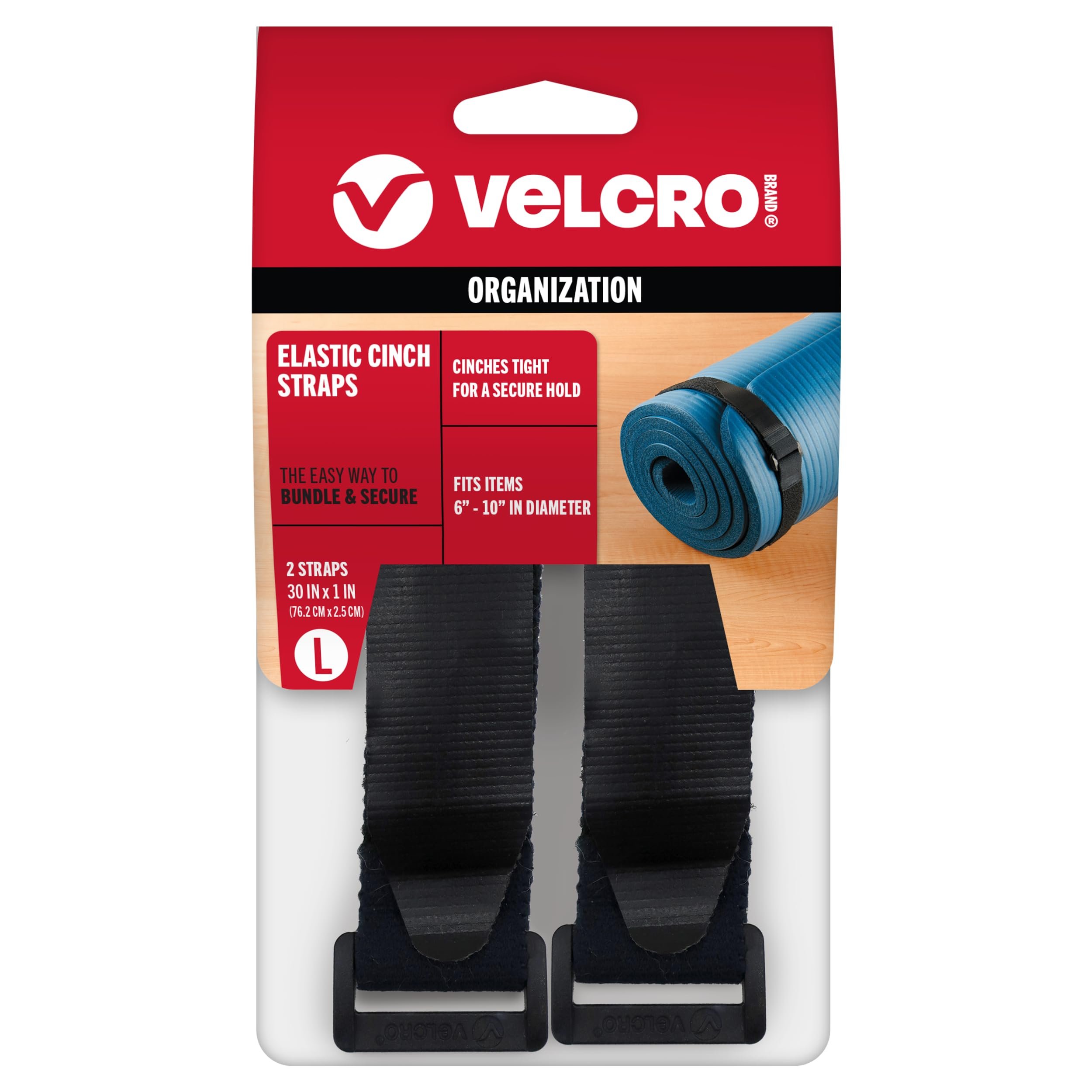 VELCRO Brand All-Purpose Elastic Straps | Strong & Reusable | Perfect for Fastening Wires & Organizing Cords | Black, 30in x 1in | 2 Count